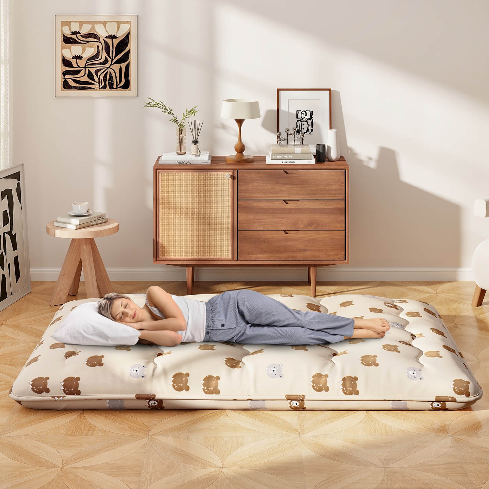 Full Futon Mattress Japanese Floor Pad Washable Cover Carry Bag Brown Bear