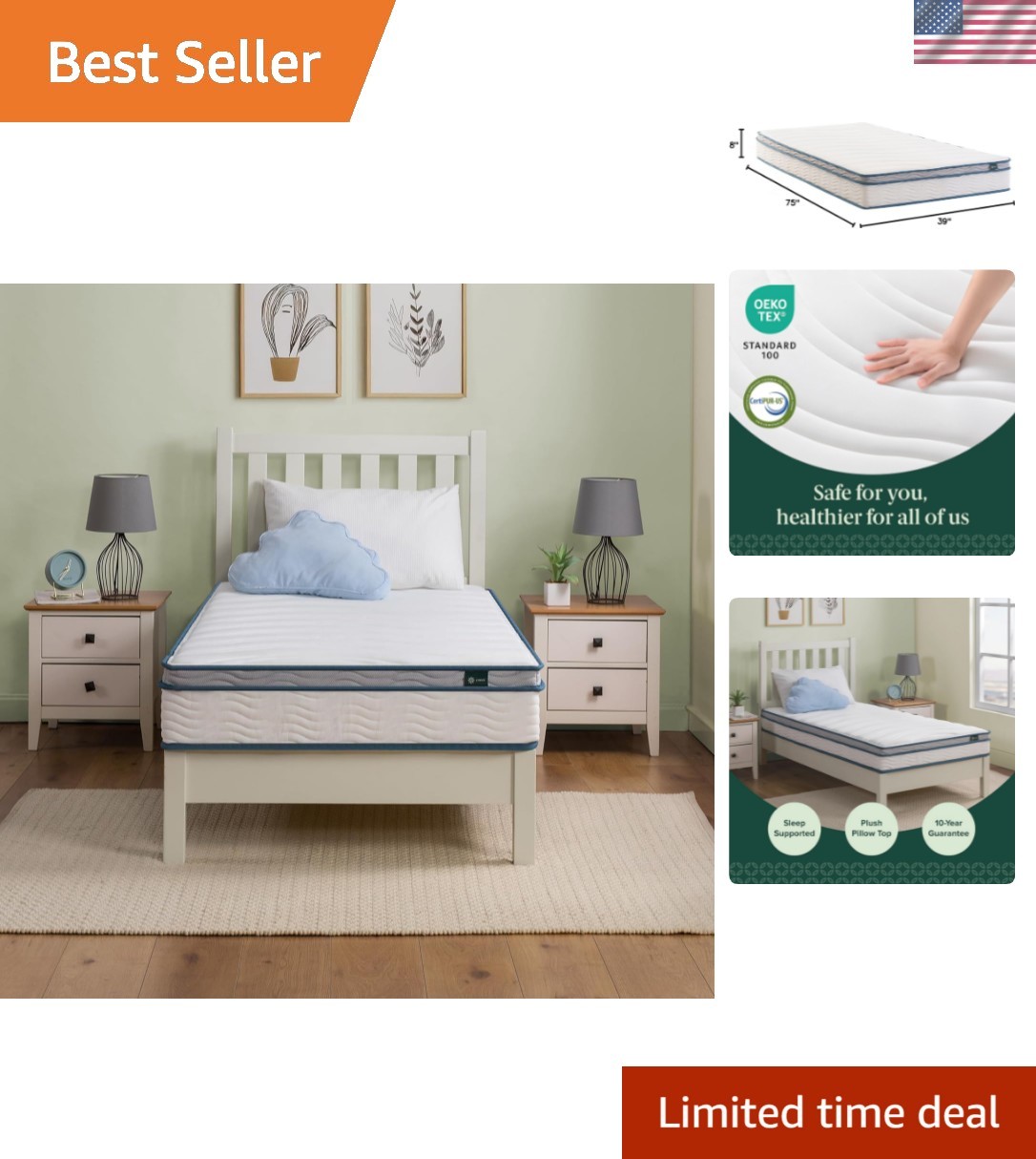 Spring Sensation 8” Twin Mattress – Luxurious Euro Top, Safe & Supportive