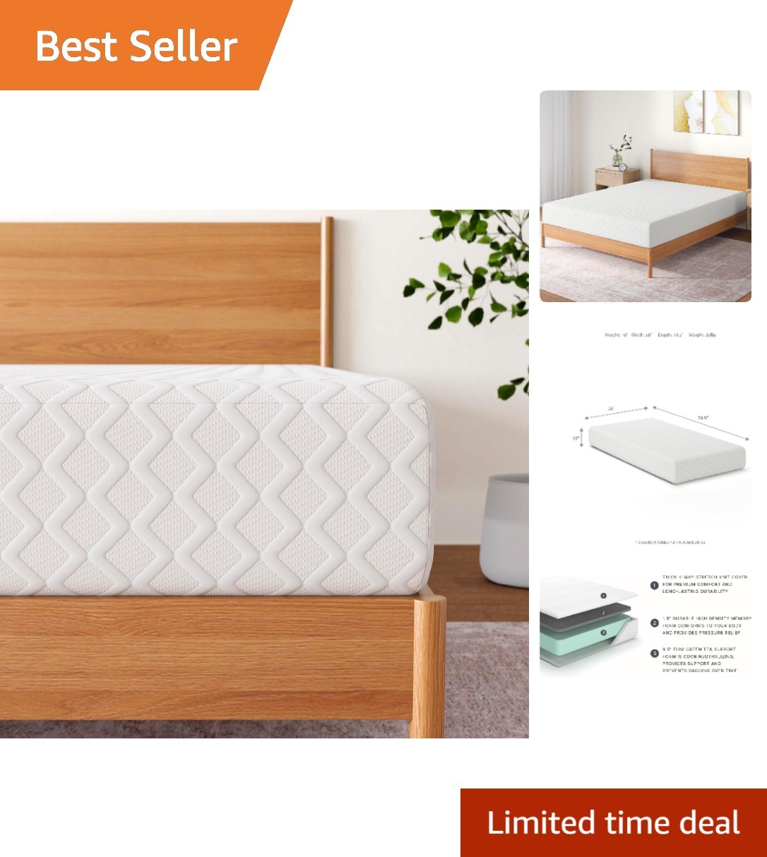 Fiberglass-Free Twin Mattress – 10” Gel Infused Memory Foam for Pressure Relief