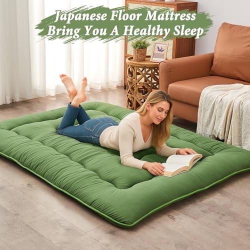Japanese Floor Mattress, 4” Thicken Futon Mattress Tatami Mat, Queen Green
