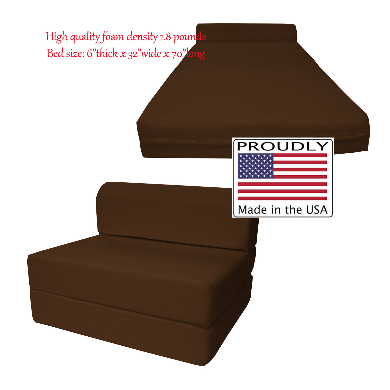 Brown 6x32x70 Sleeper Chair Folding Foam Bed, Foam Density 1.8 lbs Sofa Beds
