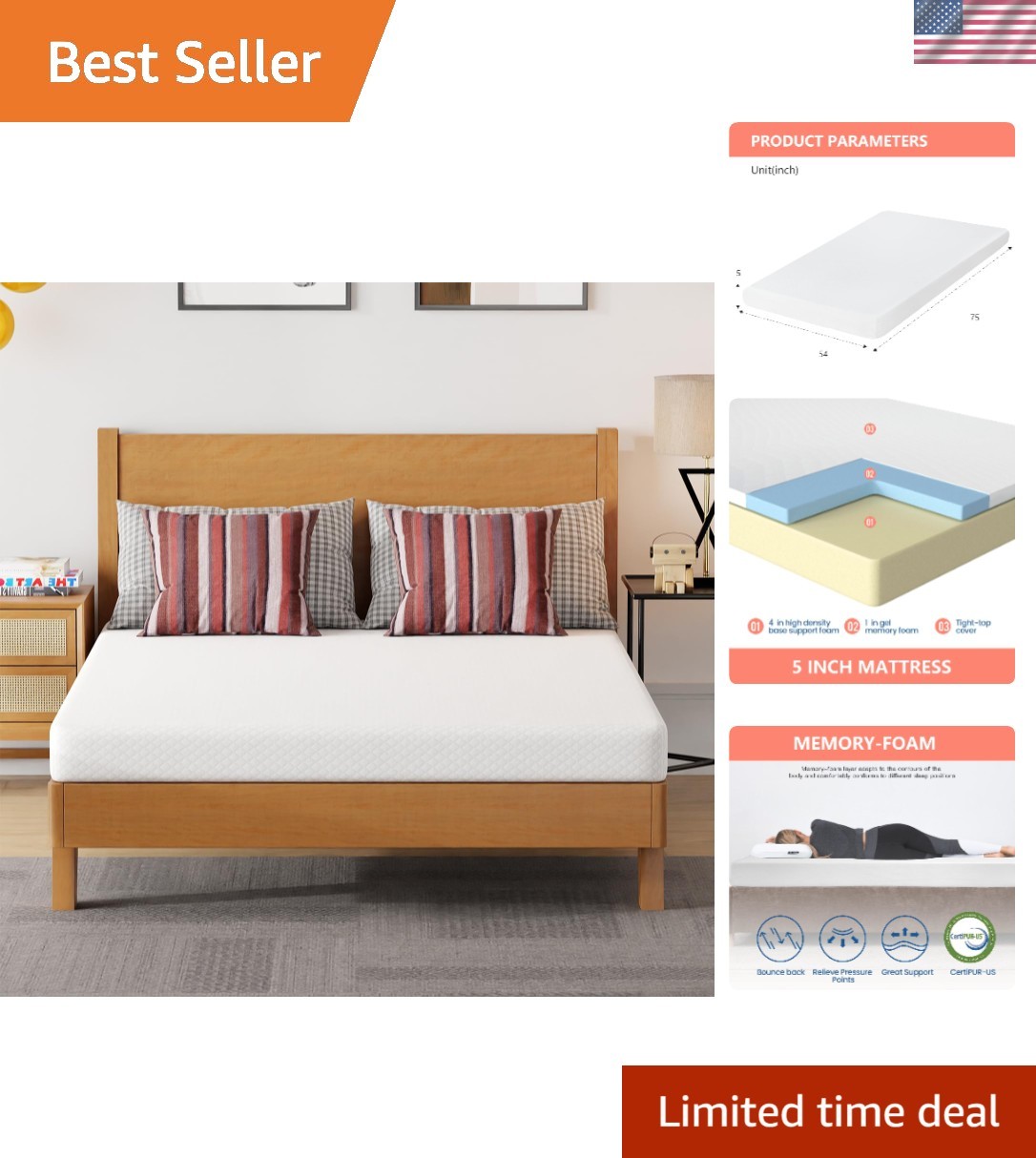 Medium Firm Full Mattress in a Box – 5-Inch Gel Memory Foam with Pressure Relief