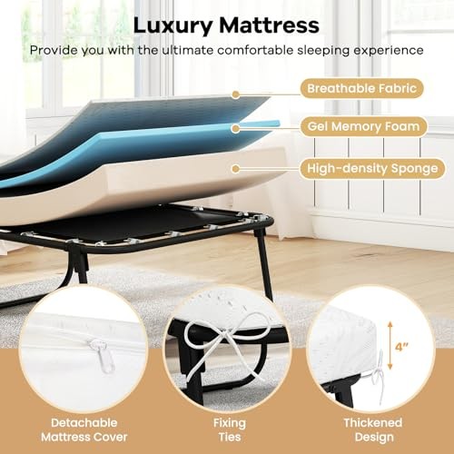 Folding Bed with Mattress, 75″ x 31″ Rollaway Guest Bed with Memory Foam &