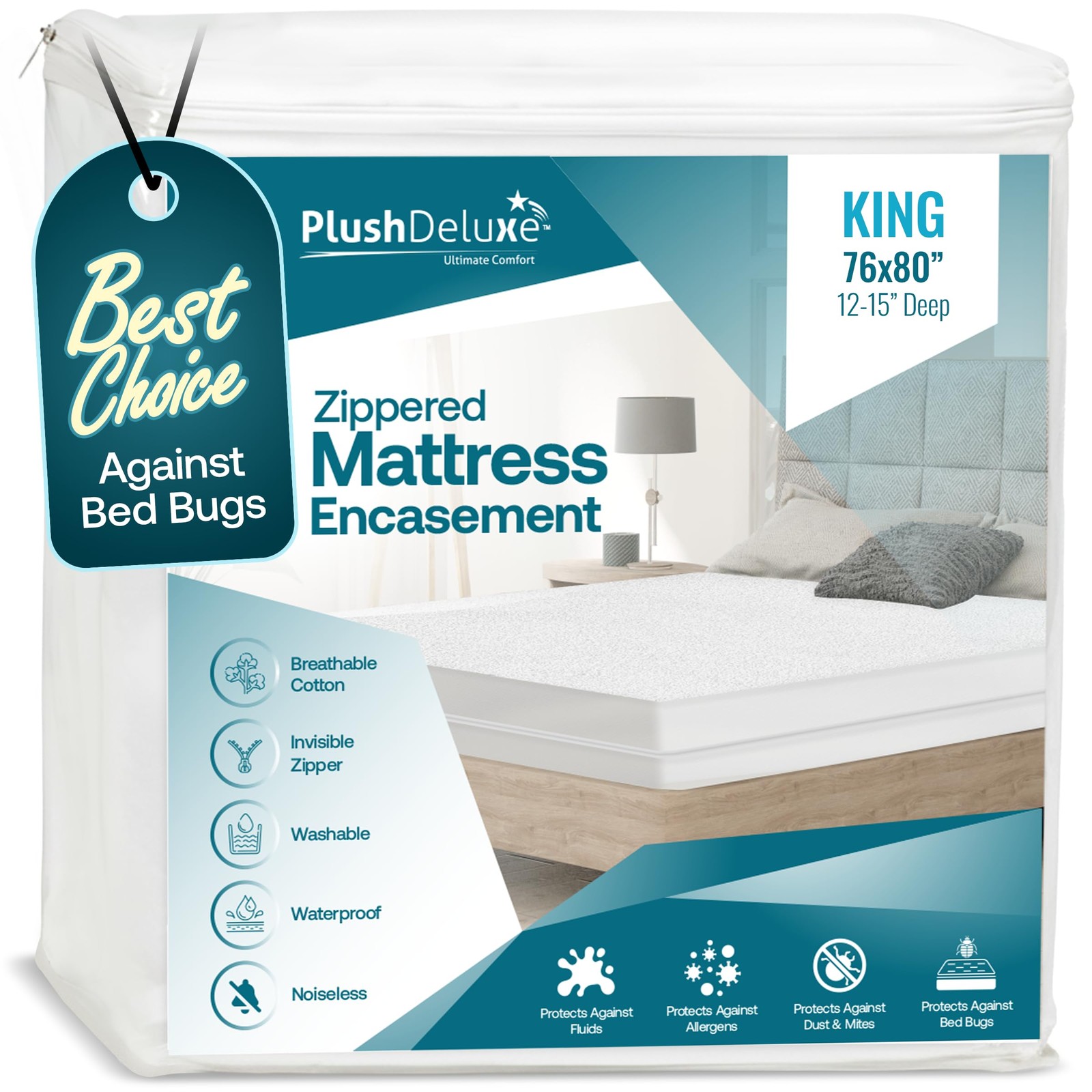 PlushDeluxe Premium 100 Waterproof Mattress Encasement, Breathable Soft Cotto…