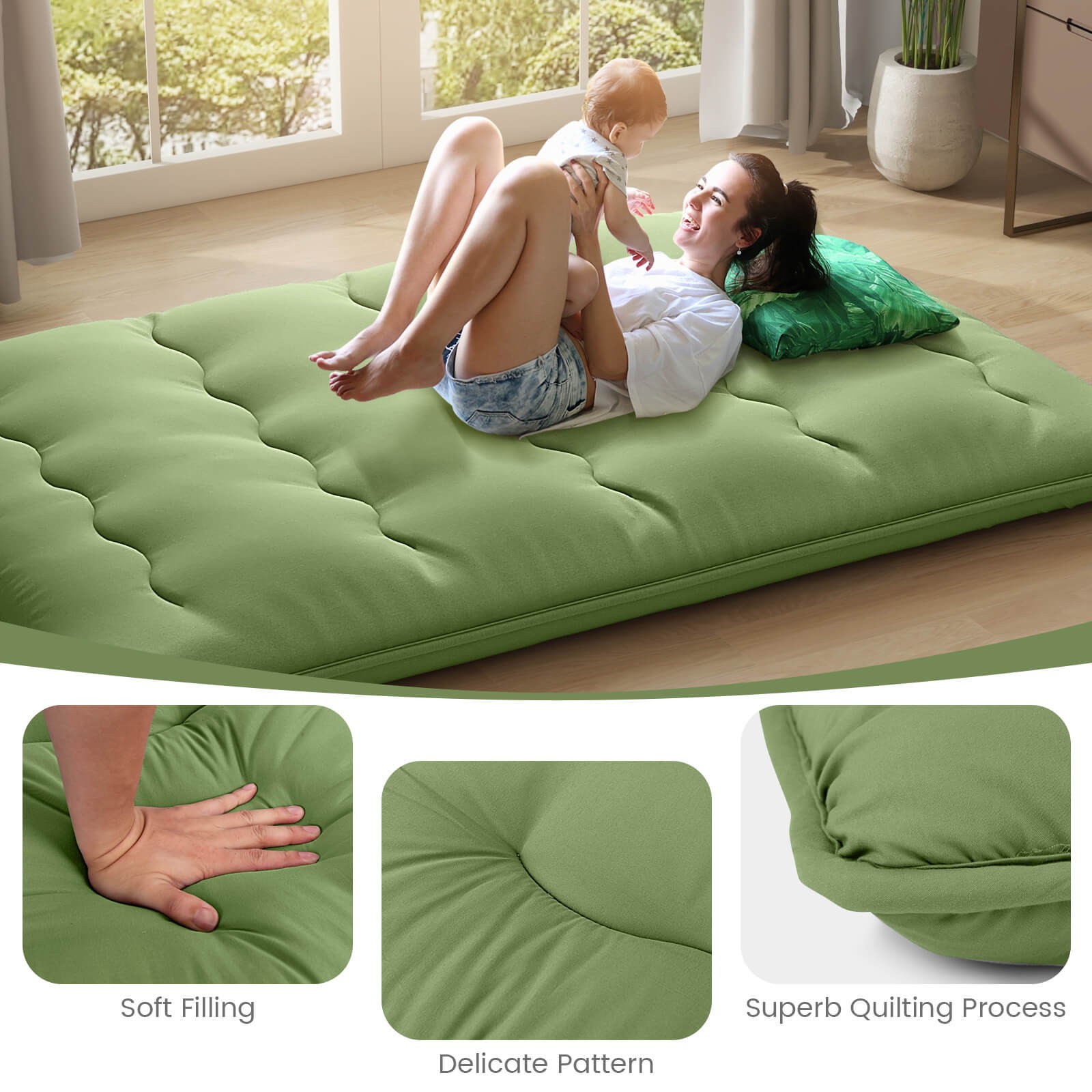 Full Futon Mattress Washable Cover Carry Bag Green Japanese Floor Pad