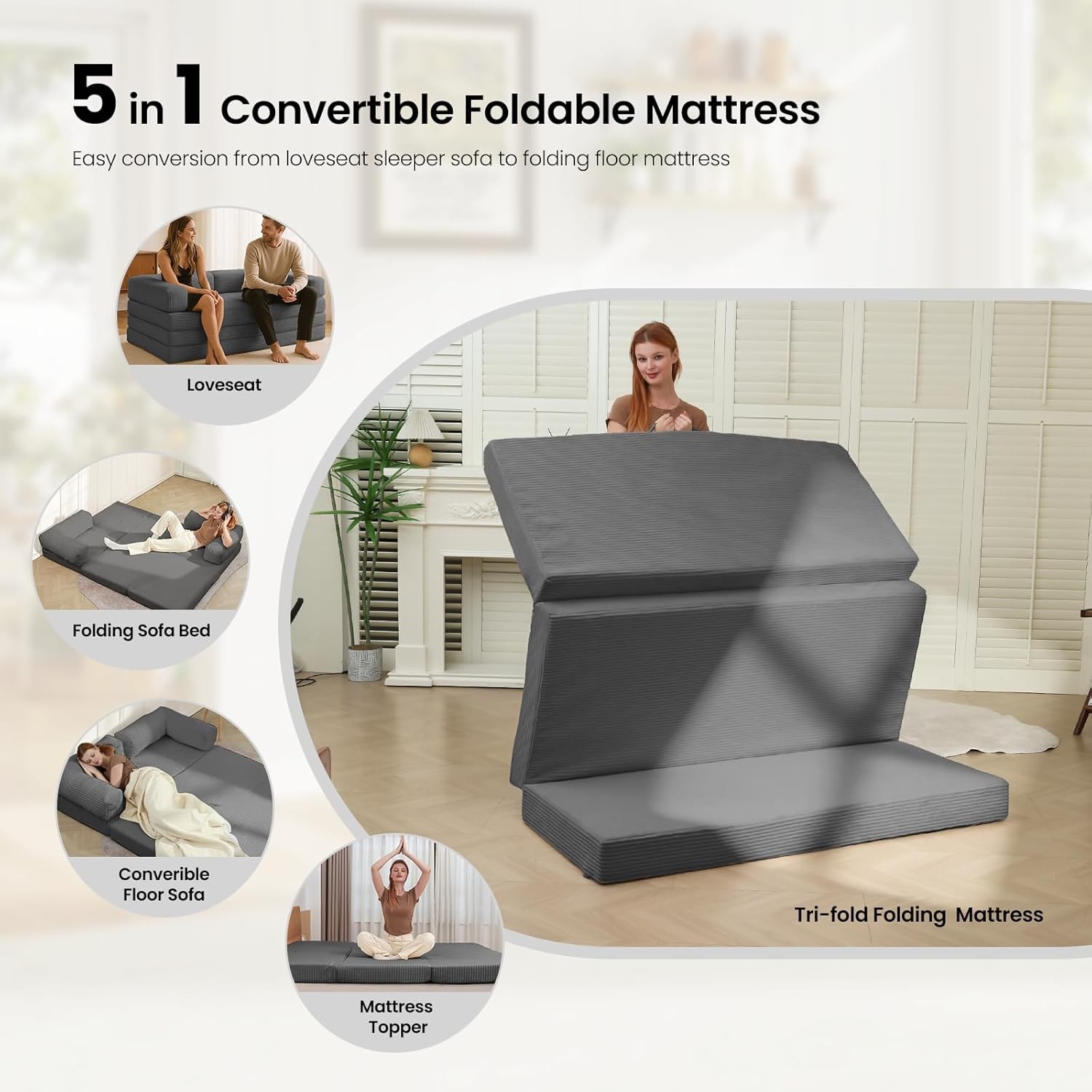 Tri-Fold Foldable Mattress Convertible Folding Sofa Bed W/ Removable Arms &