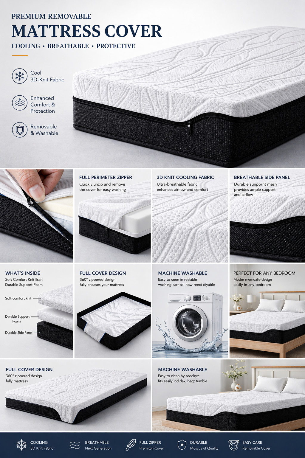 Cooling Mattress Cover Deep Pocket Soft Breathable Bed Protector Washable