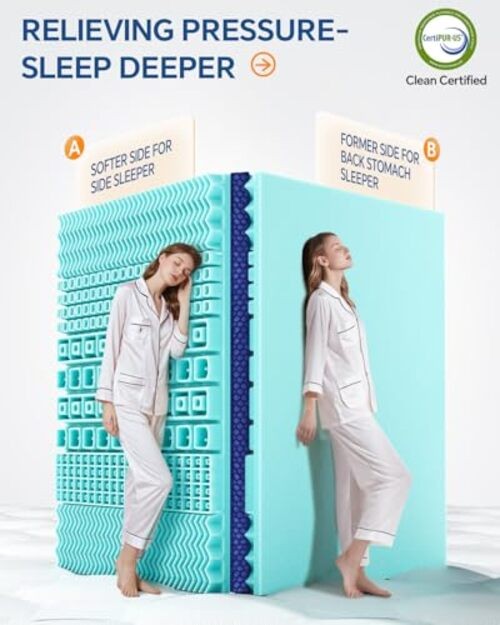 Mattress Topper Dual Layer 4 Inch Memory Foam Mattress Topper, King White-blue