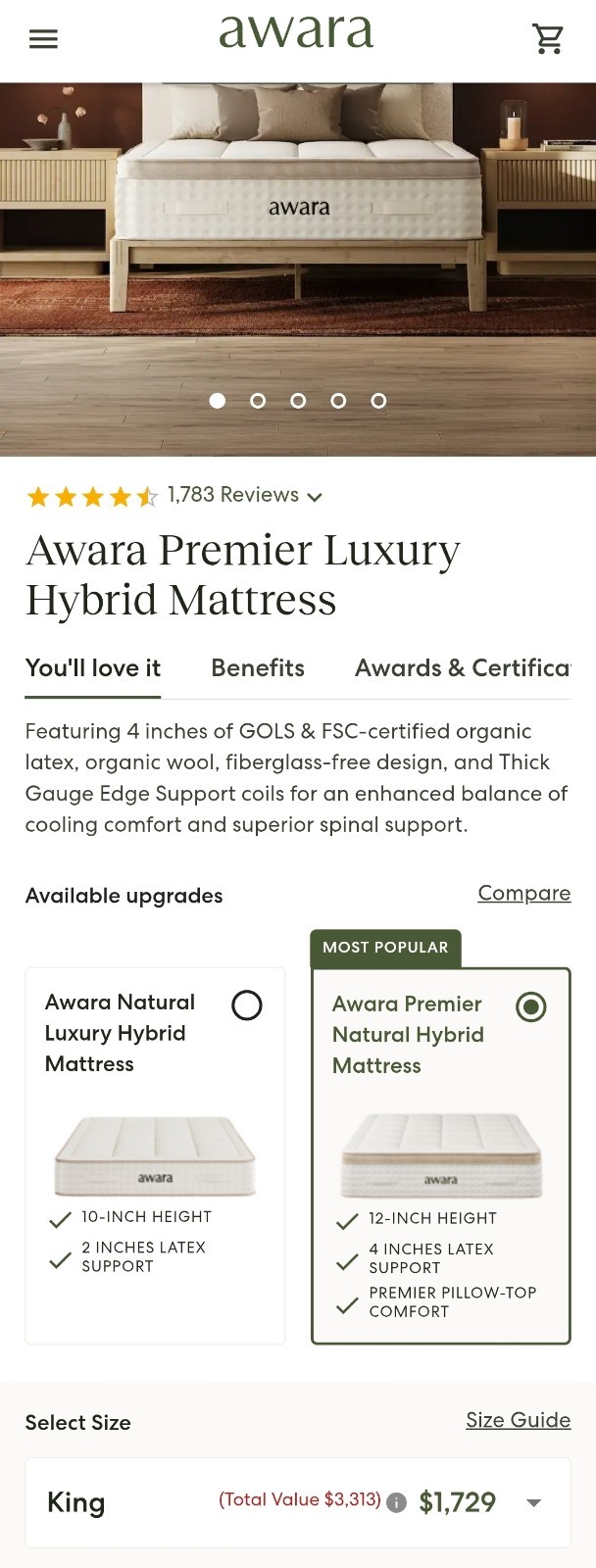 Awara Premier Luxury Hybrid Organic Mattress King Size