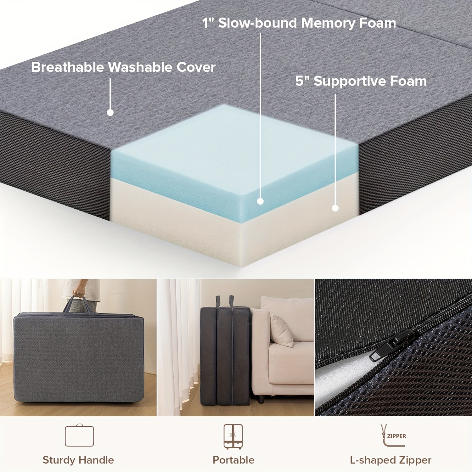 Folding Mattress 4/6in Tri-Fold Memory Foam Mattress Topper Washable Cover Queen