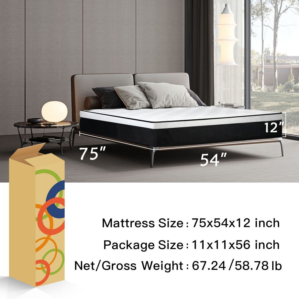12 Inch Full Size Hybrid Mattress in A Box Spring Gel Memory Foam Medium Firm