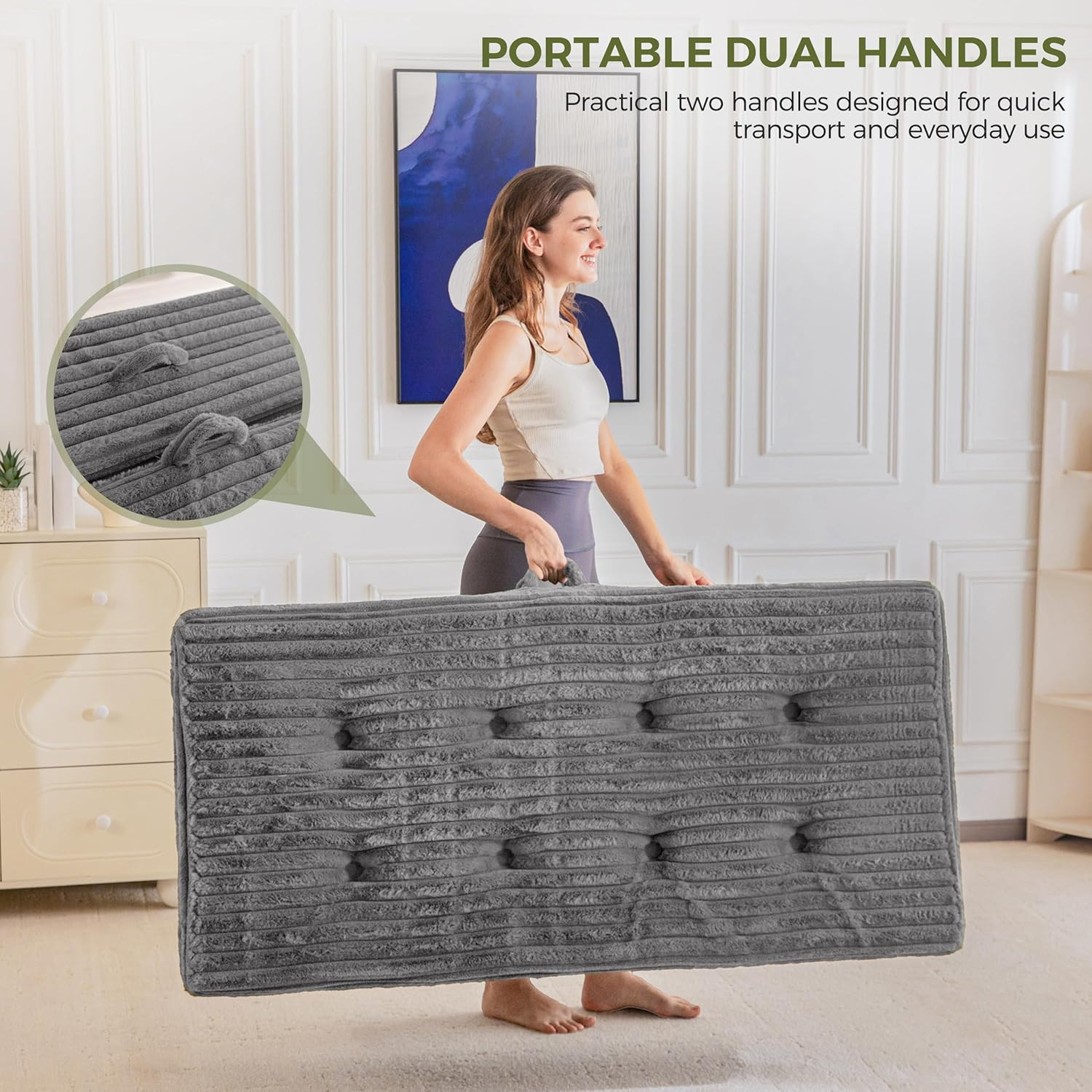 Tri-Fold Folding Mattress with Handles, 6-Inch Portable Sofa Bed, Grey
