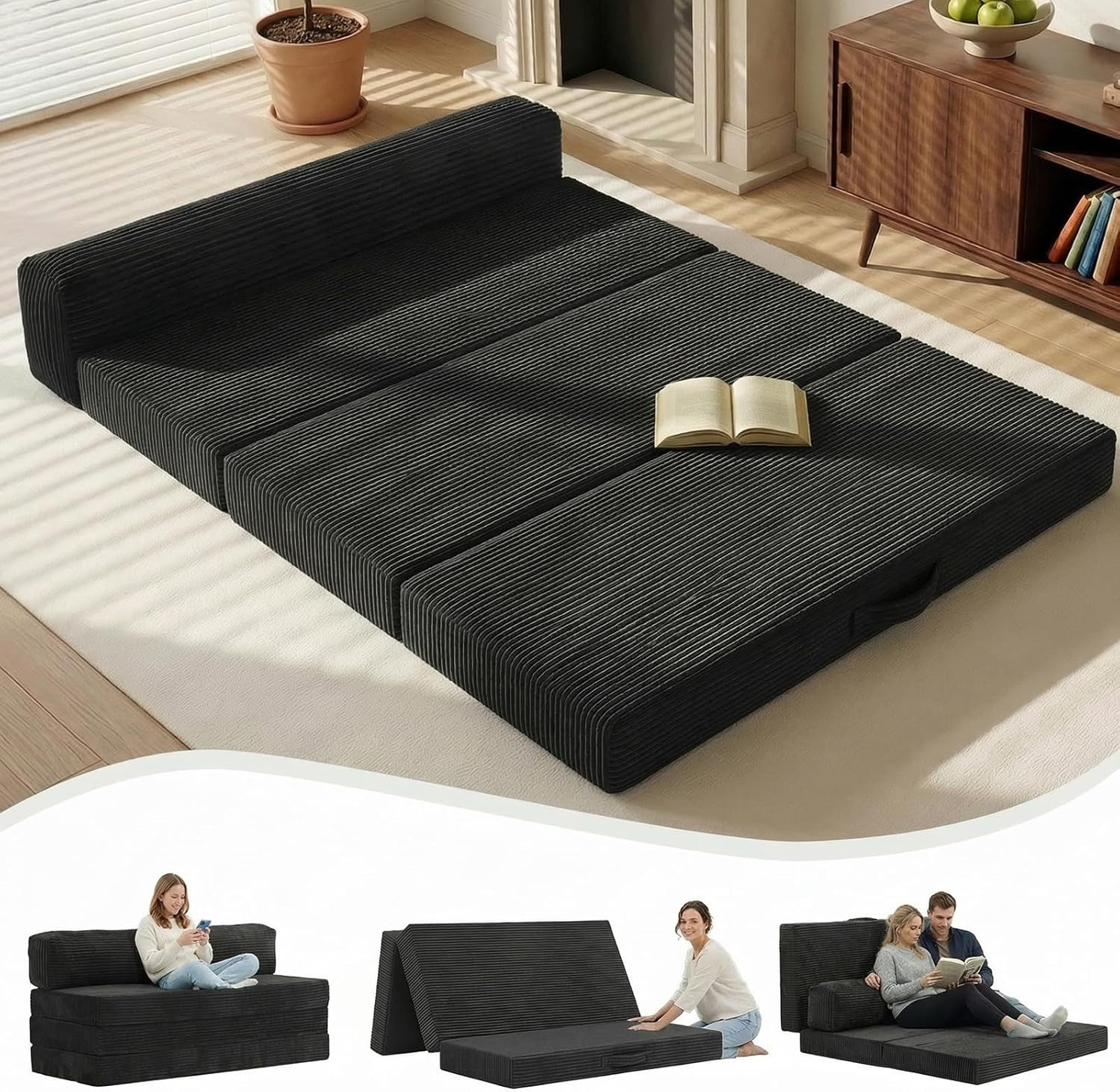 6″ Tri-Folding Full Mattress Sofa Bed, Washable Cover, High-Density Foam, Black