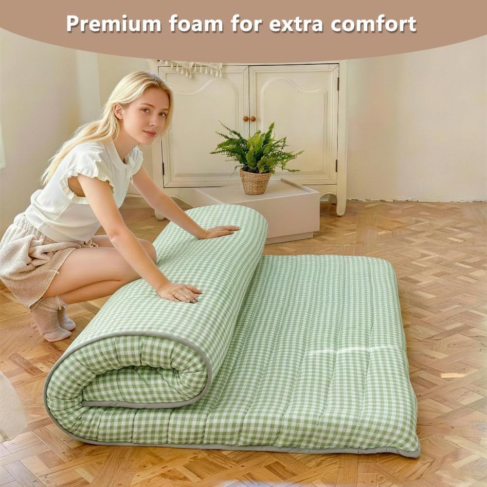 Green Gingham 3.5″ Thick Futon Mattress, Foldable Tatami Pad, Queen Size
