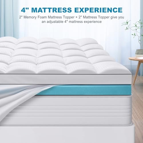 Size Dual Layer 4 Inch Memory Foam Mattress Topper, 2 Inch Cooling Queen White