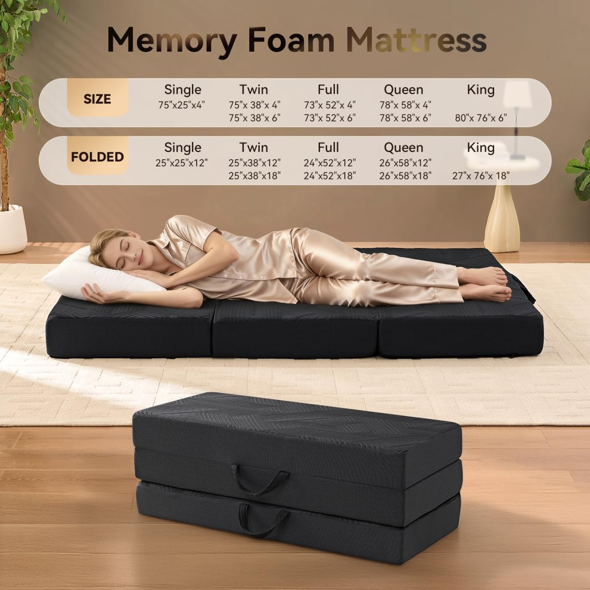 4″ Memory Foam Trifold Mattress – Foldable, Washable, Non-Slip, Black