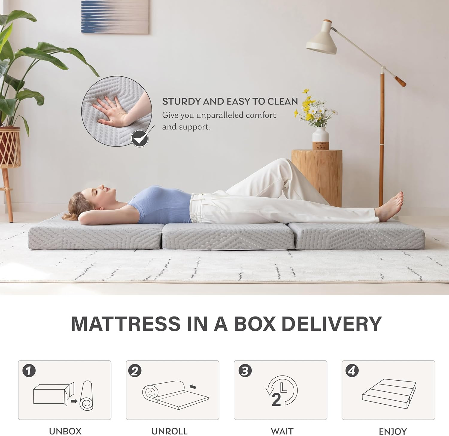 Tri-Fold Memory Foam Mattress 4 Inch Twin XL 80×38 Grey Washable Cover