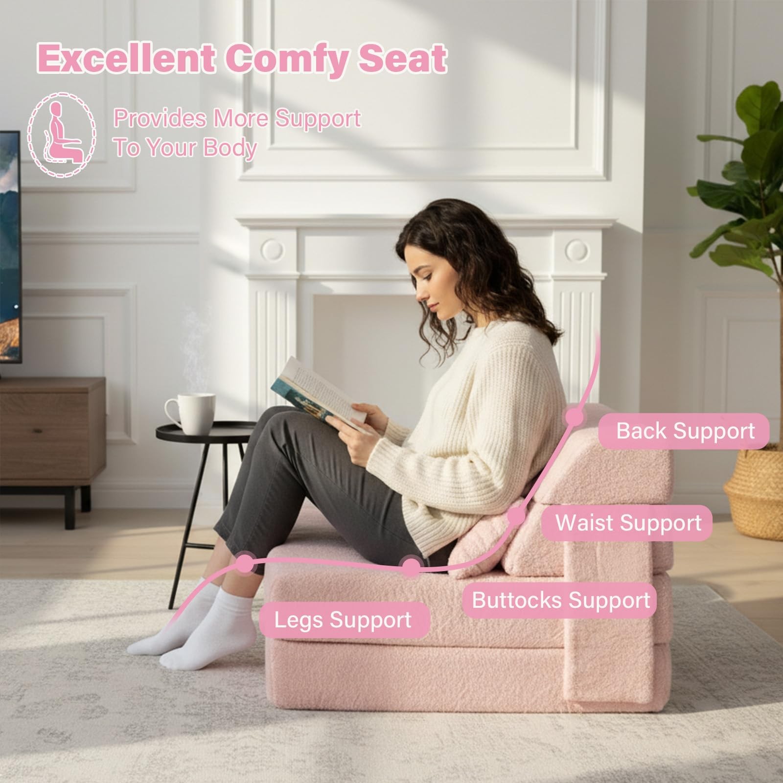 Convertible Folding Sofa Bed Single Size for Adults with Pillow, Plush Fabric…