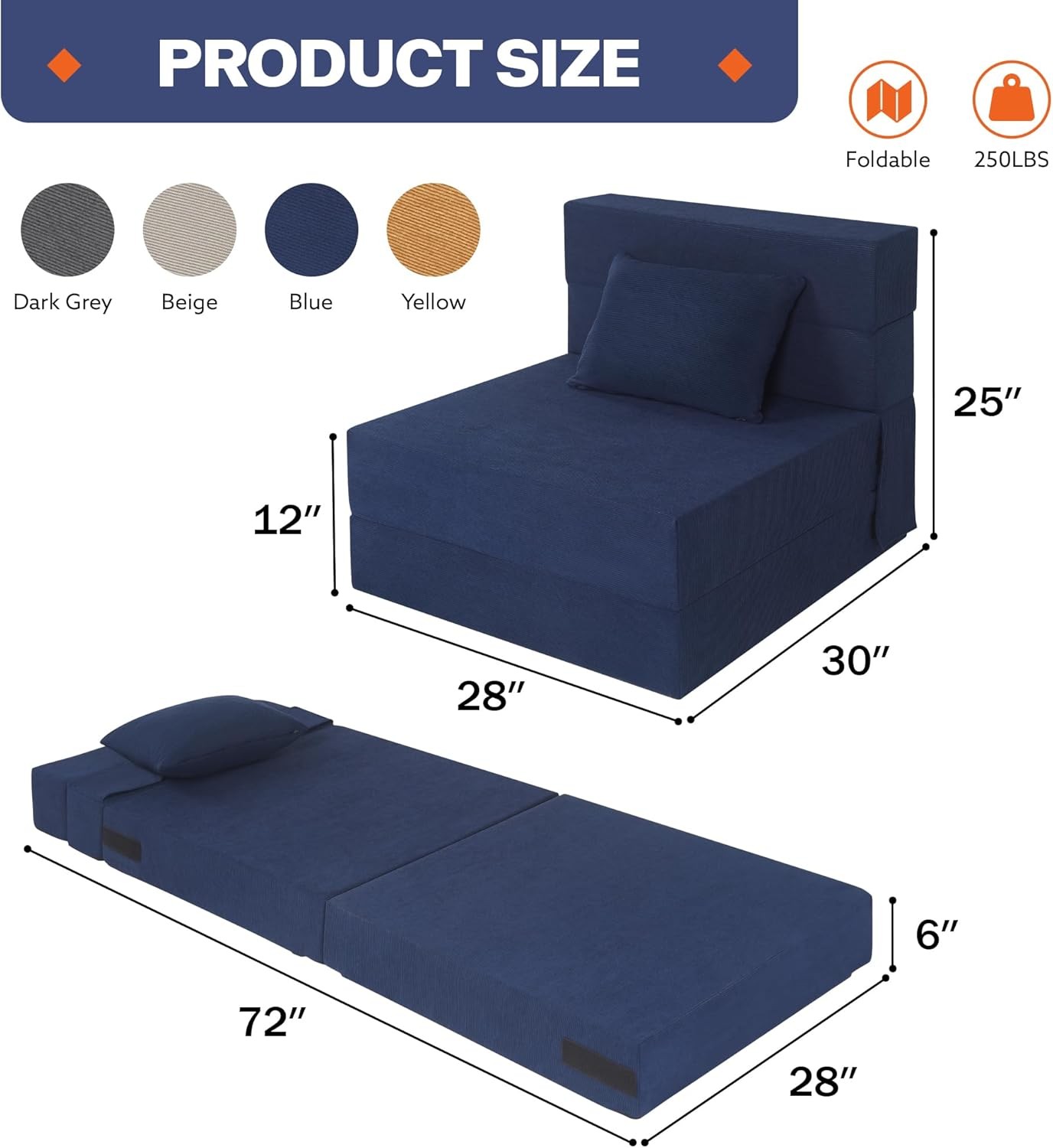 Folding Sofa Bed, 4 in 1 Convertible Fold Out Single Chair Bed with
