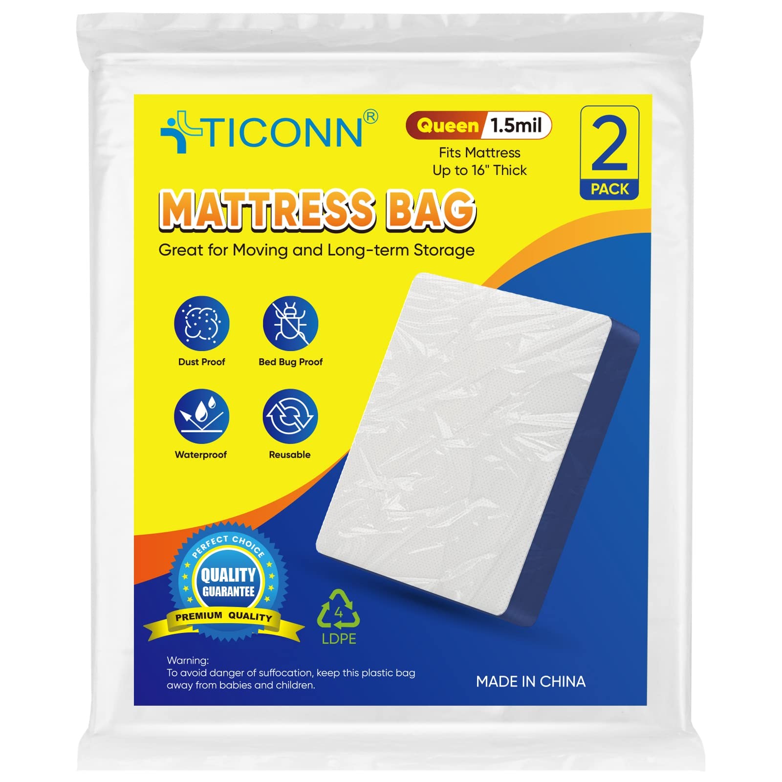 TICONN 2PK Plastic Mattress Bag for Moving Storage, Waterproof Queen, White