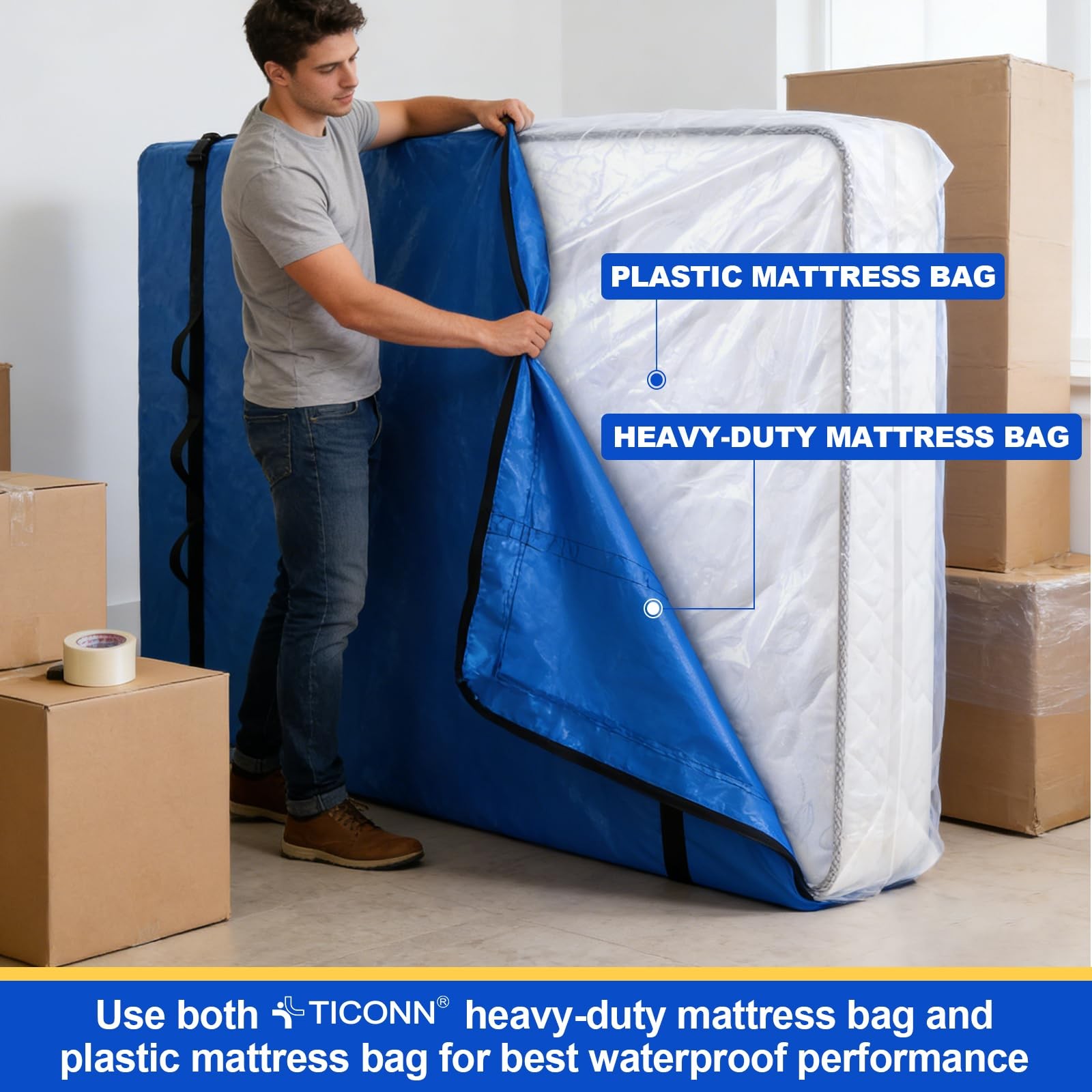 TICONN 2PK Plastic Mattress Bag for Moving Storage, Waterproof Queen, White