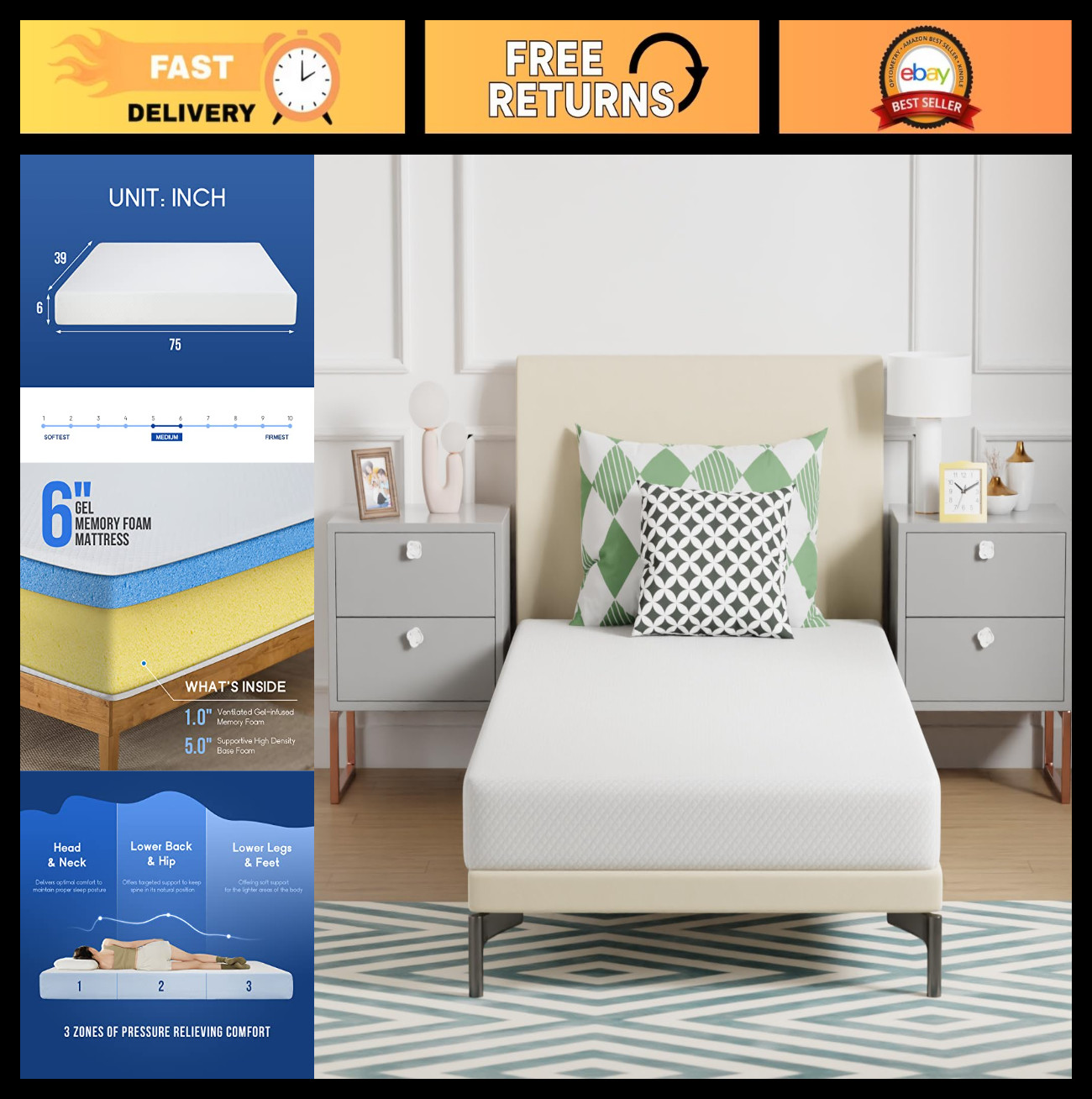 6″ Twin Gel Memory Foam Mattress – Medium Firm, Pressure Relief, Cooling, Washab