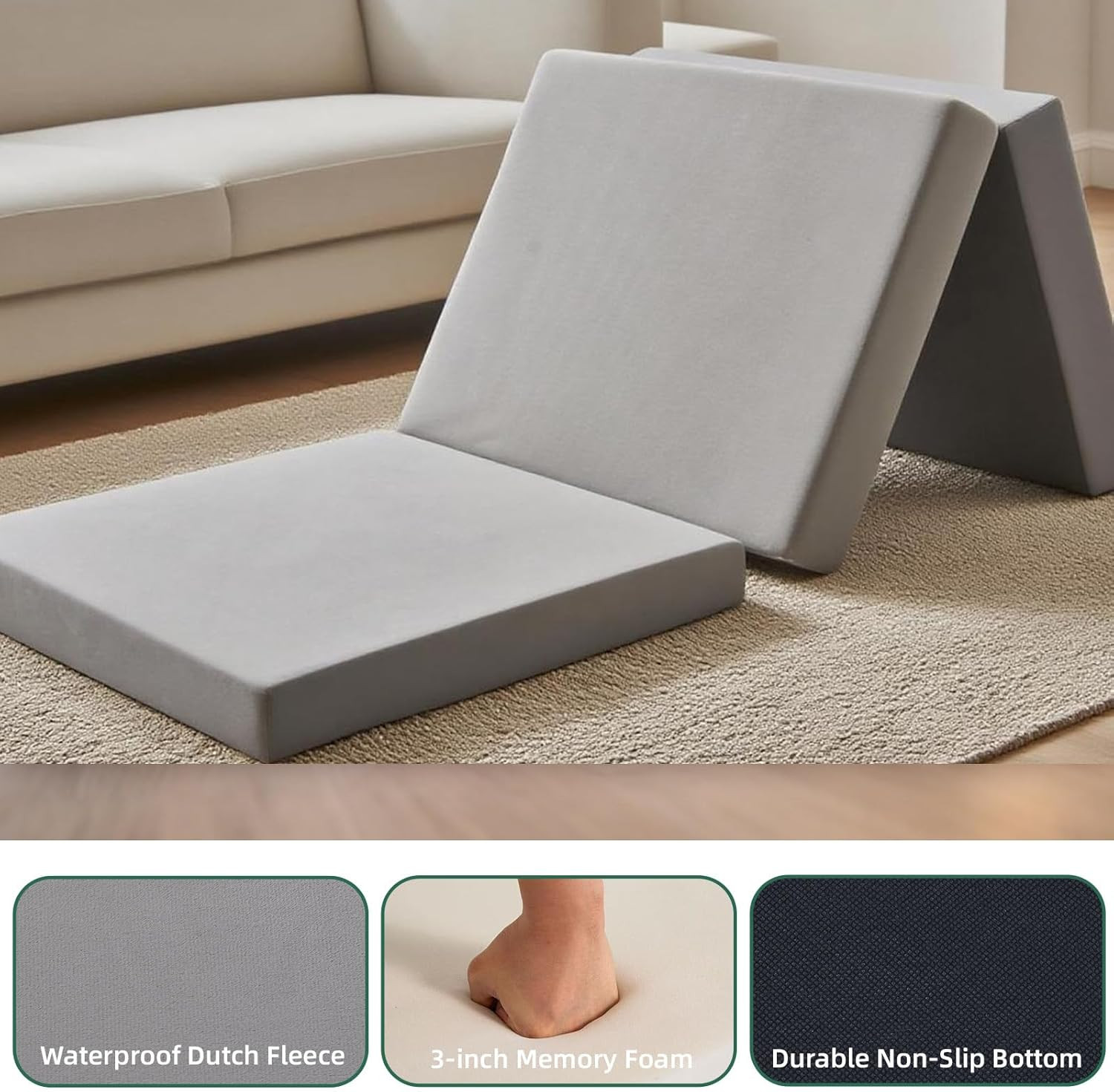 Trifold Memory Foam Folding Mattress for Camping and Guest Use, Washable Cover