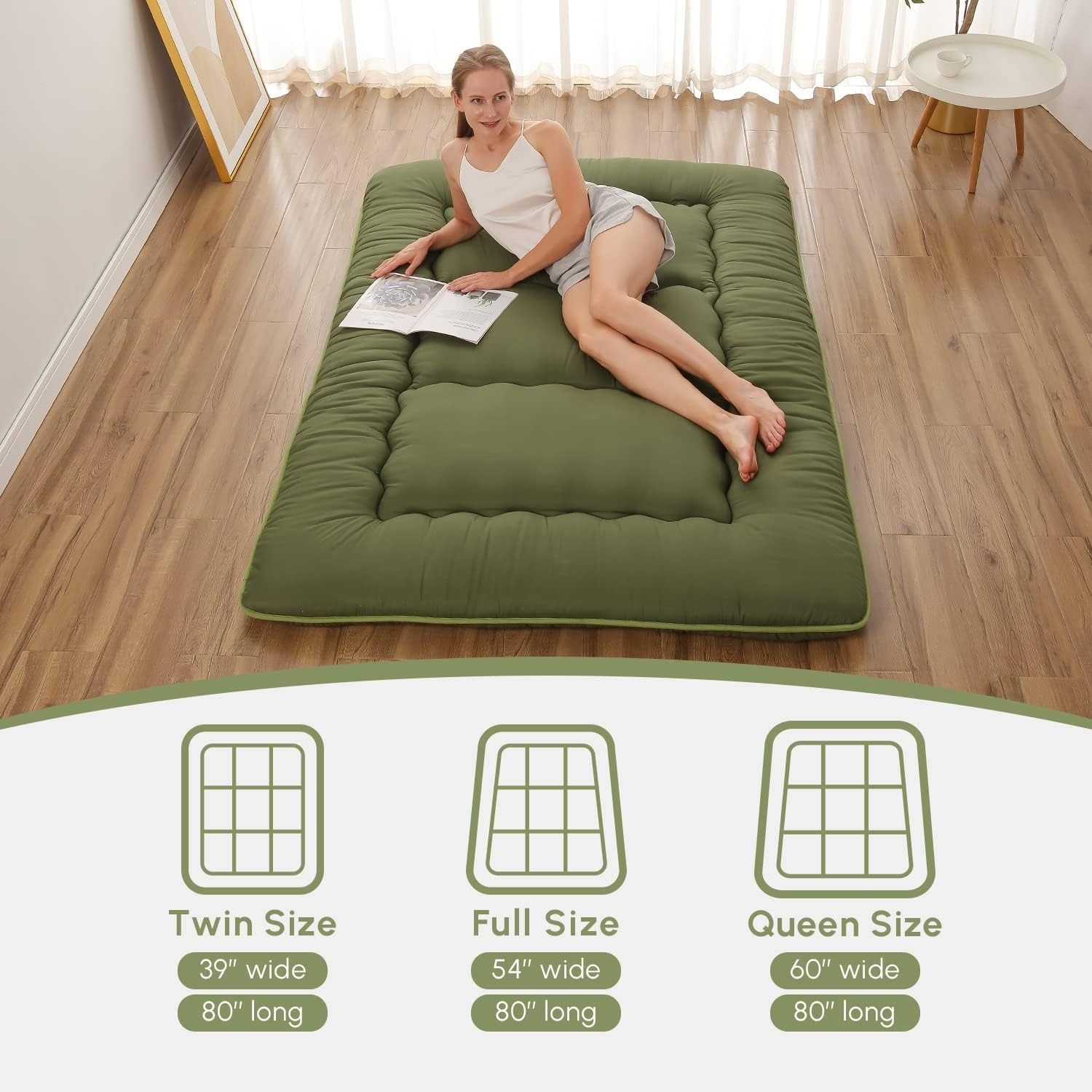 Zelladorra Green Twin Japanese Futon Mattress – Portable and Foldable Comfort