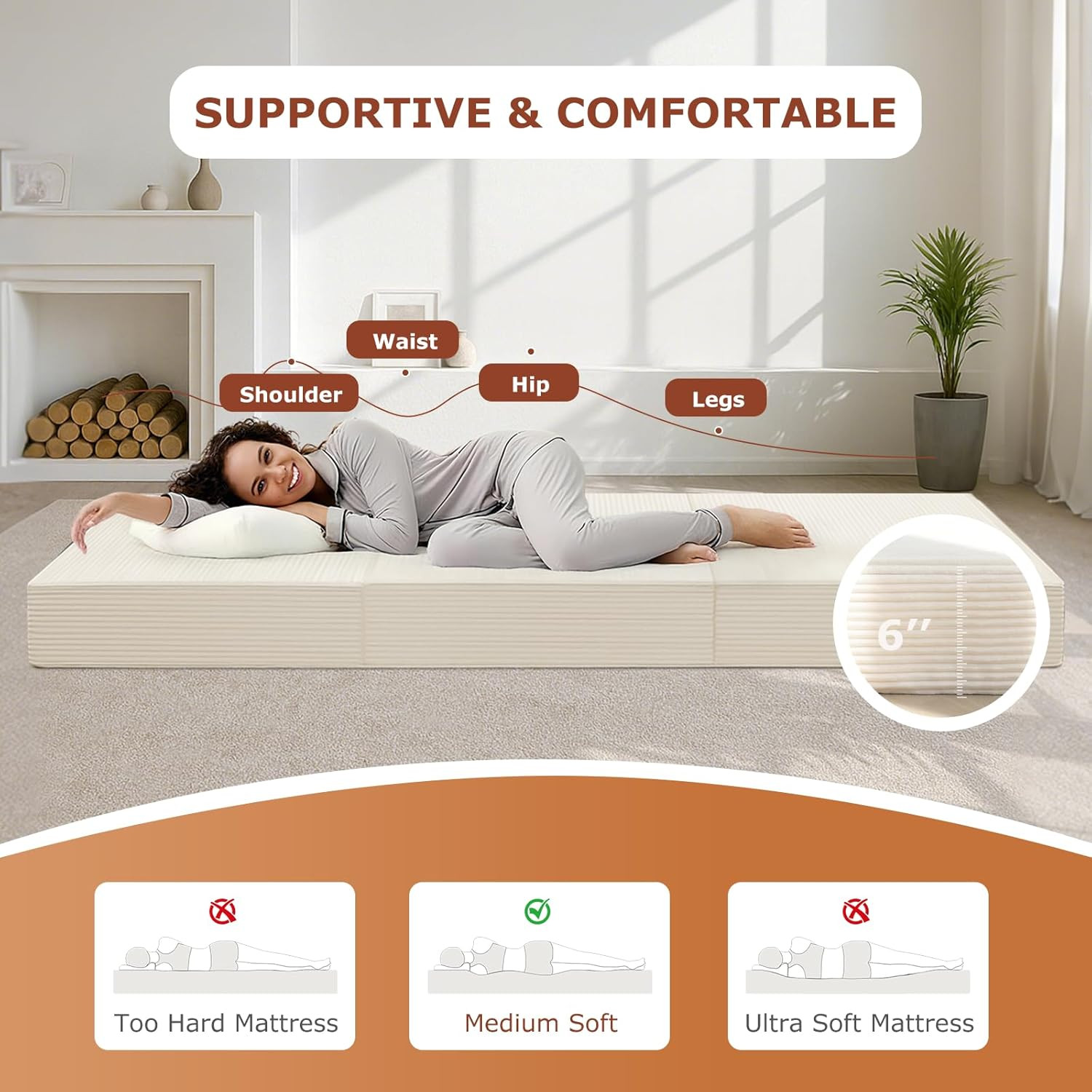 6-Inch Tri-Fold Foldable Mattress, Folding Sofa Bed with Removable Washable Cove