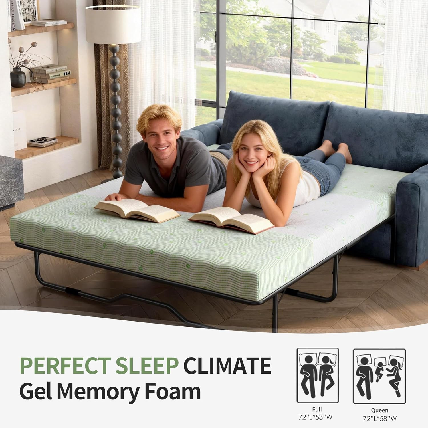 4 Inch Gel Memory Foam Sofa Mattress Queen Size – Light Green & White Foldable R