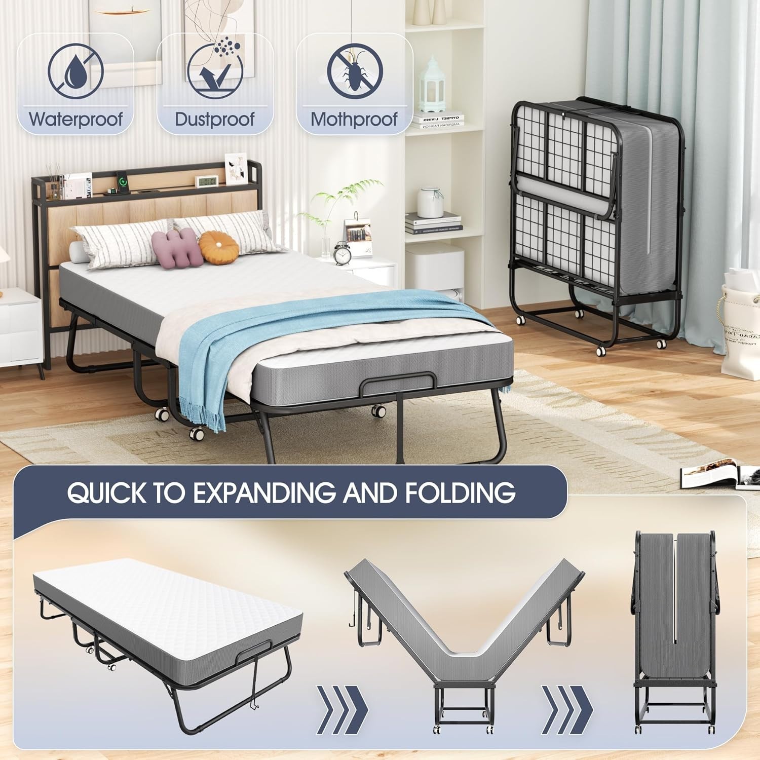 75″x31″ Folding Cot Bed, Metal Frame on Wheels, Roll Away, Space Saving