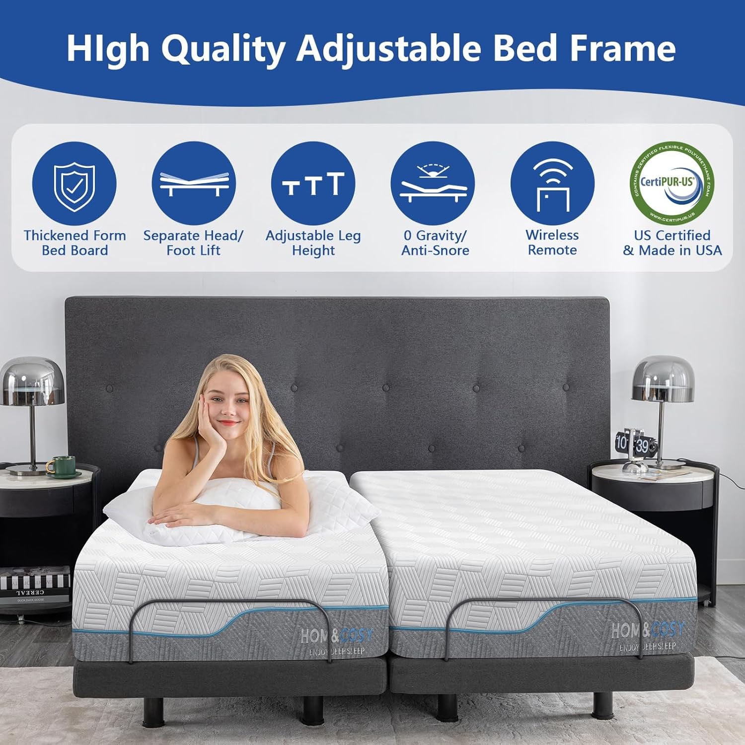 Adjustable Queen Bed Frame & 14″ Gel Memory Foam Mattress with Smart Features
