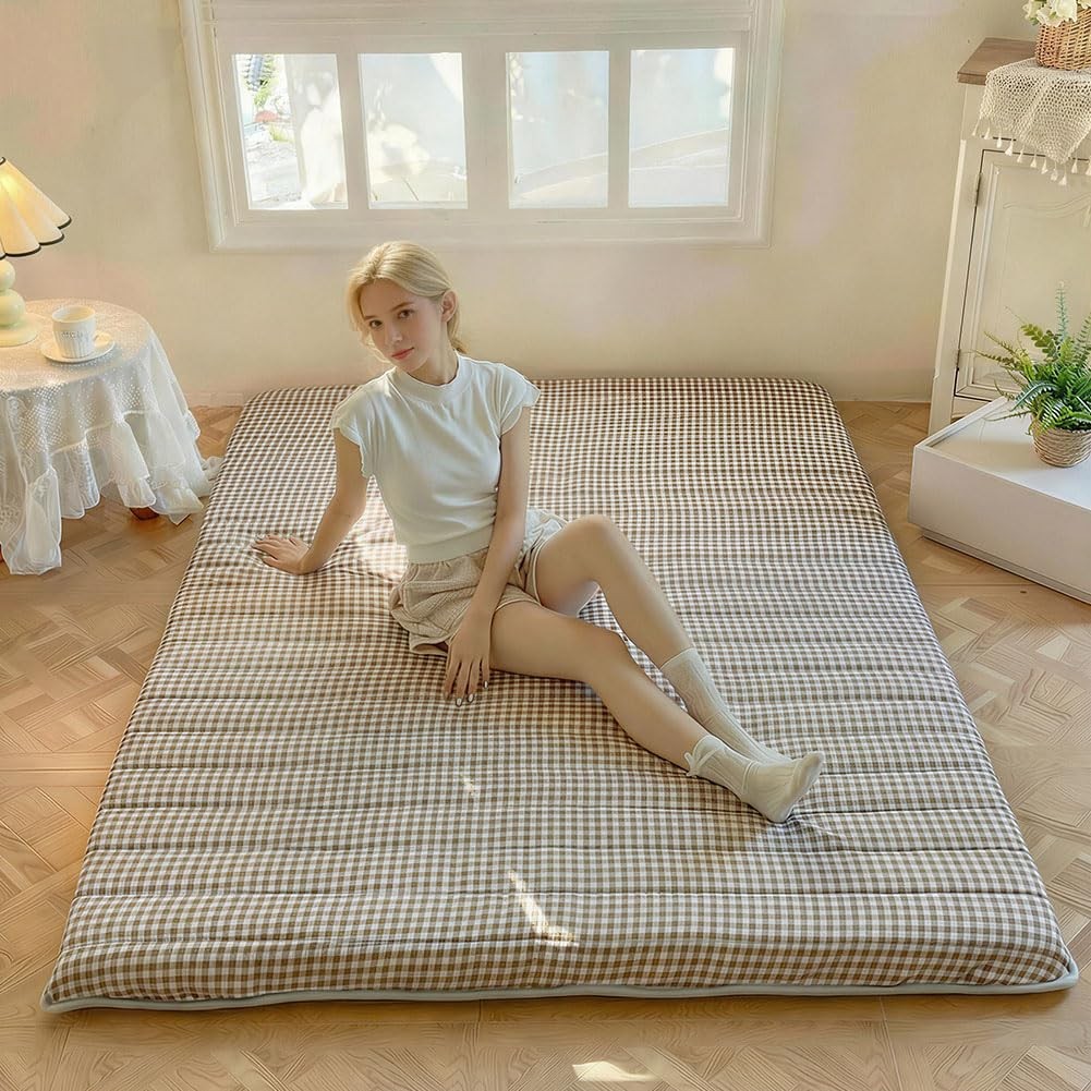 NSNLGSGC Tan Gingham Japanese Floor Mattress, 3.5″ Thick High Density Foam Futon