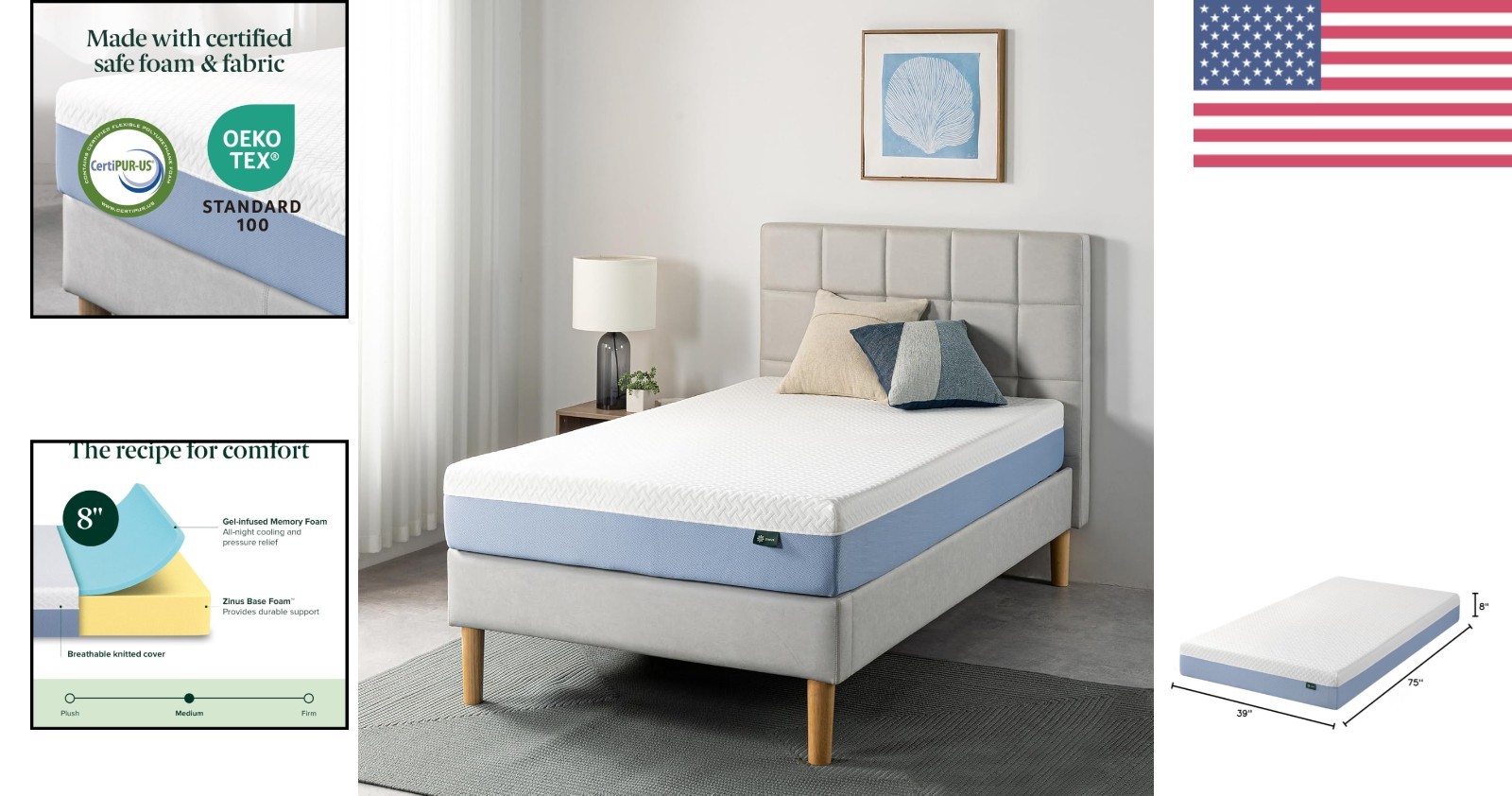 8-Inch Twin Mattress with Cooling Memory Foam White Certified Safe Materials