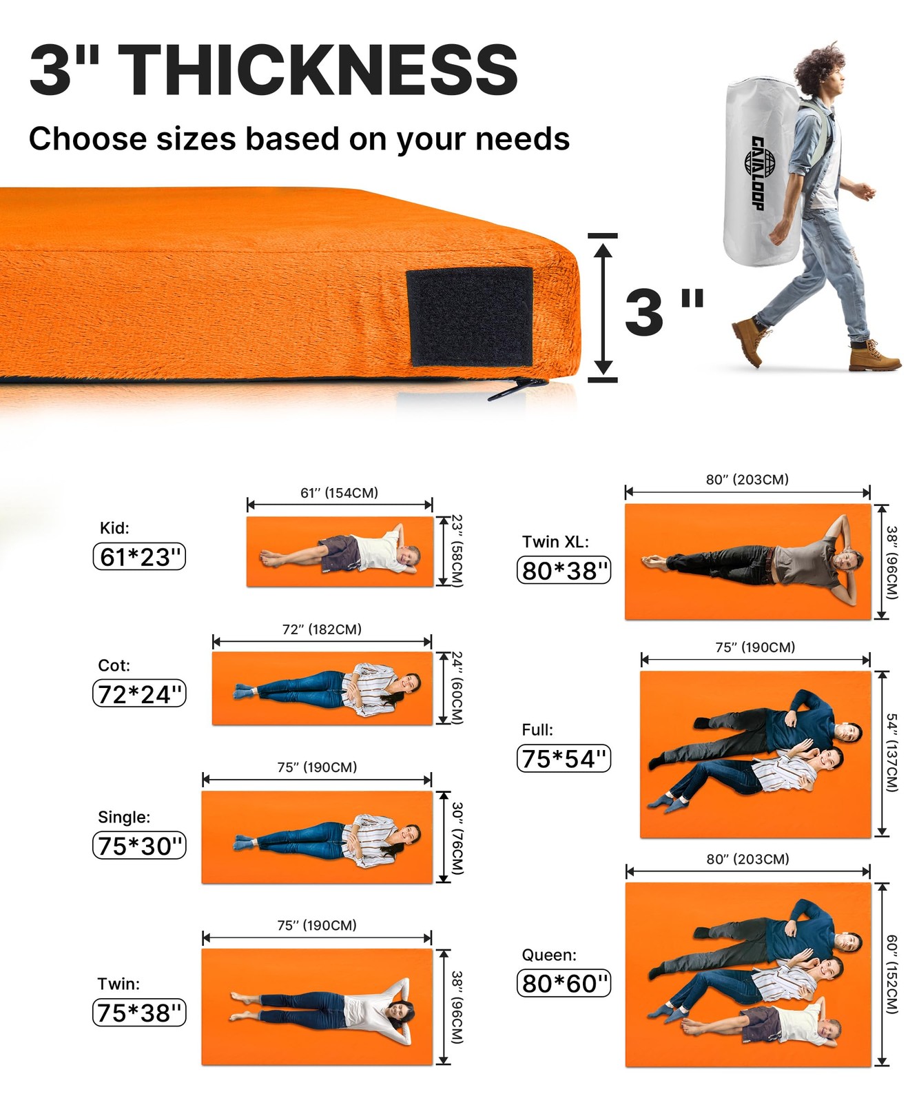 3 Inch Memory Foam Camping Mattress, Dual Layer Thick Sleeping Camp Pad for C…