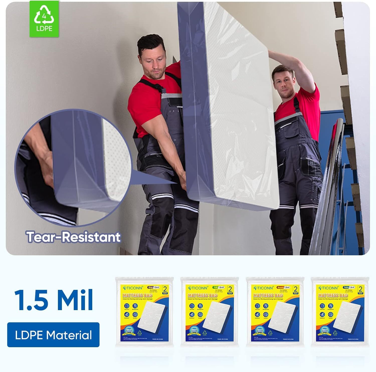 TICONN 2PK Plastic Mattress Bag for Moving Storage, Waterproof Queen, White