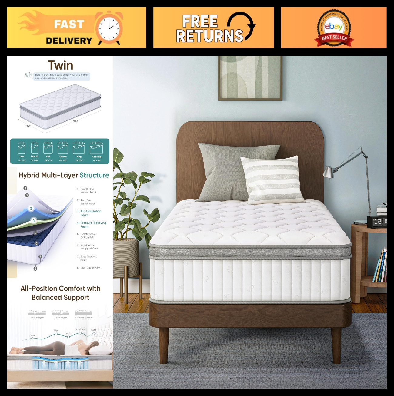 10″ Twin Mattress – Cooling Gel Memory Foam & Pocket Spring Hybrid, Medium Firm,