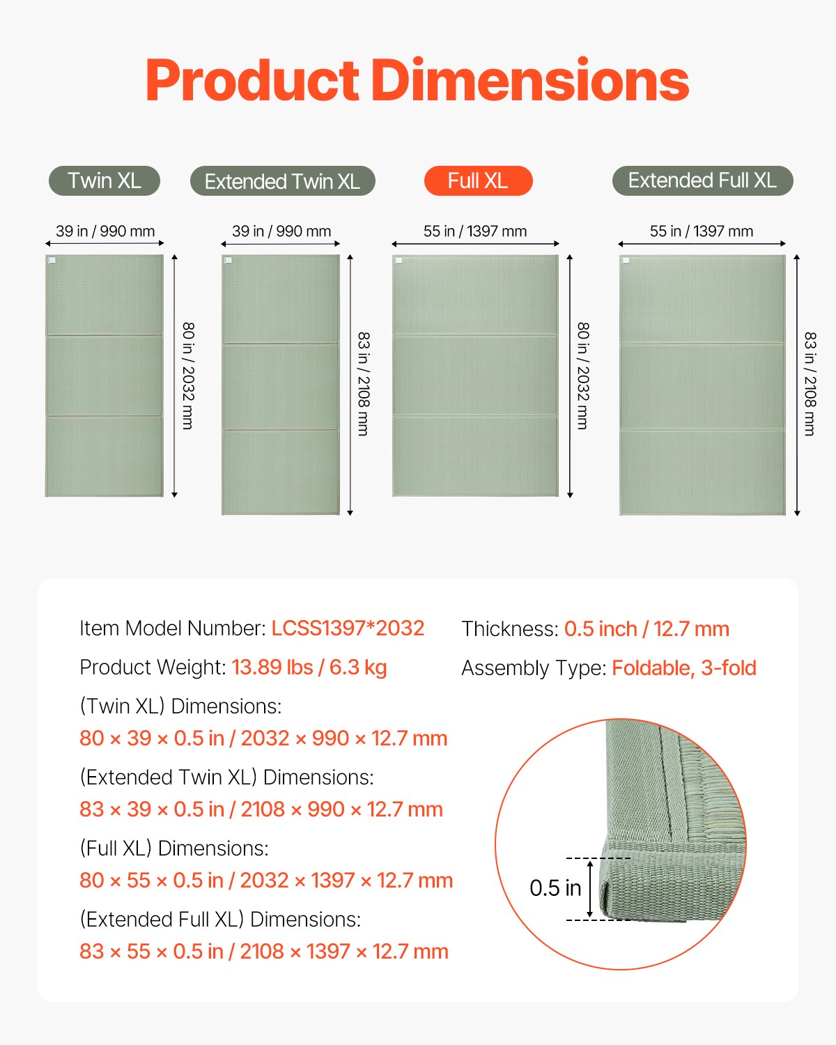 Uimoso Japanese Tatami Mat Full XL 55x80in Foldable Non-Slip Rush Grass Mattress