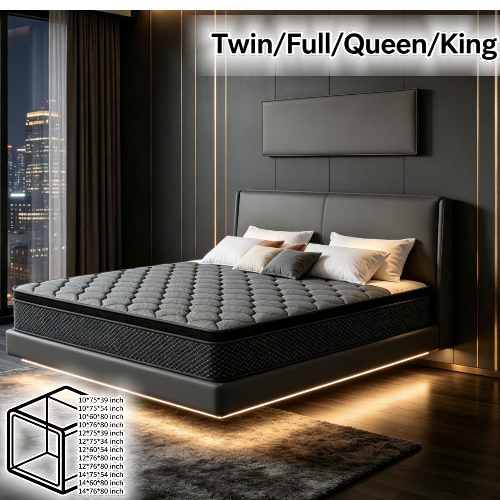 12″ 14″Gel Memory Foam Hybrid Spring Mattress Full Queen King Bed in A Box Black