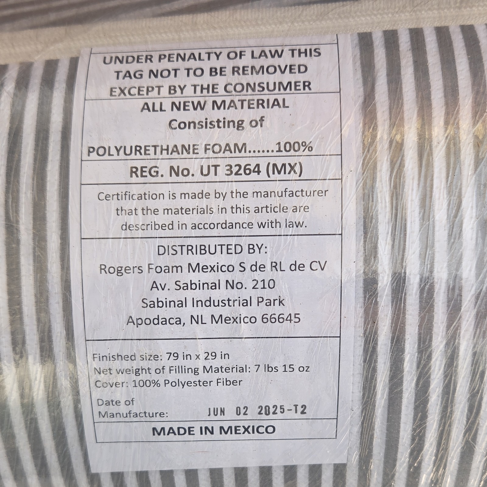 Firm Roll-Up Foam Bunk Upper Mattress 79×29 Gray/White Striped MPN 22-75832-000