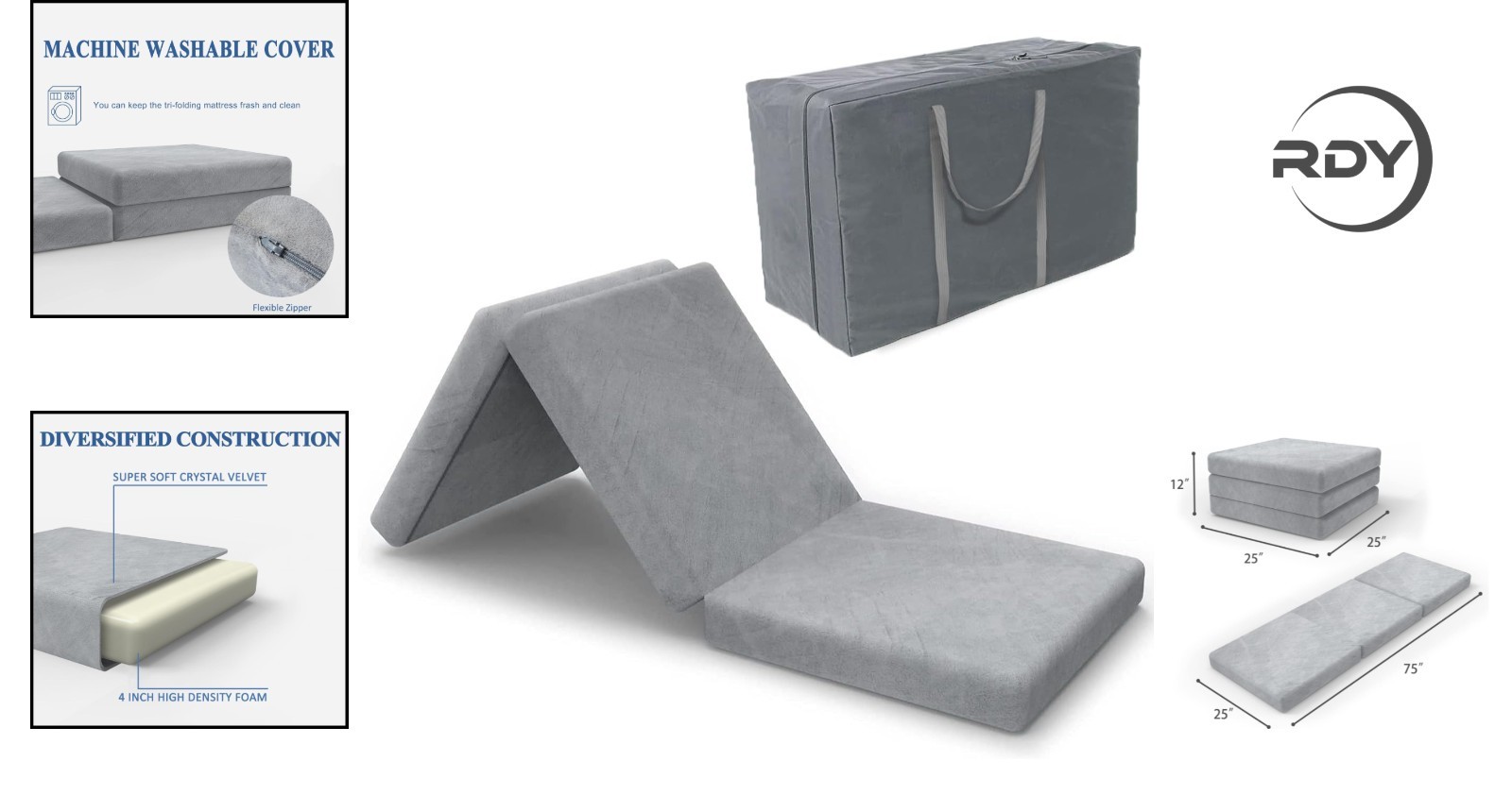 Waterproof Tri-Fold Mattress for Guests – 25×75 Inch, CertiPUR Certified
