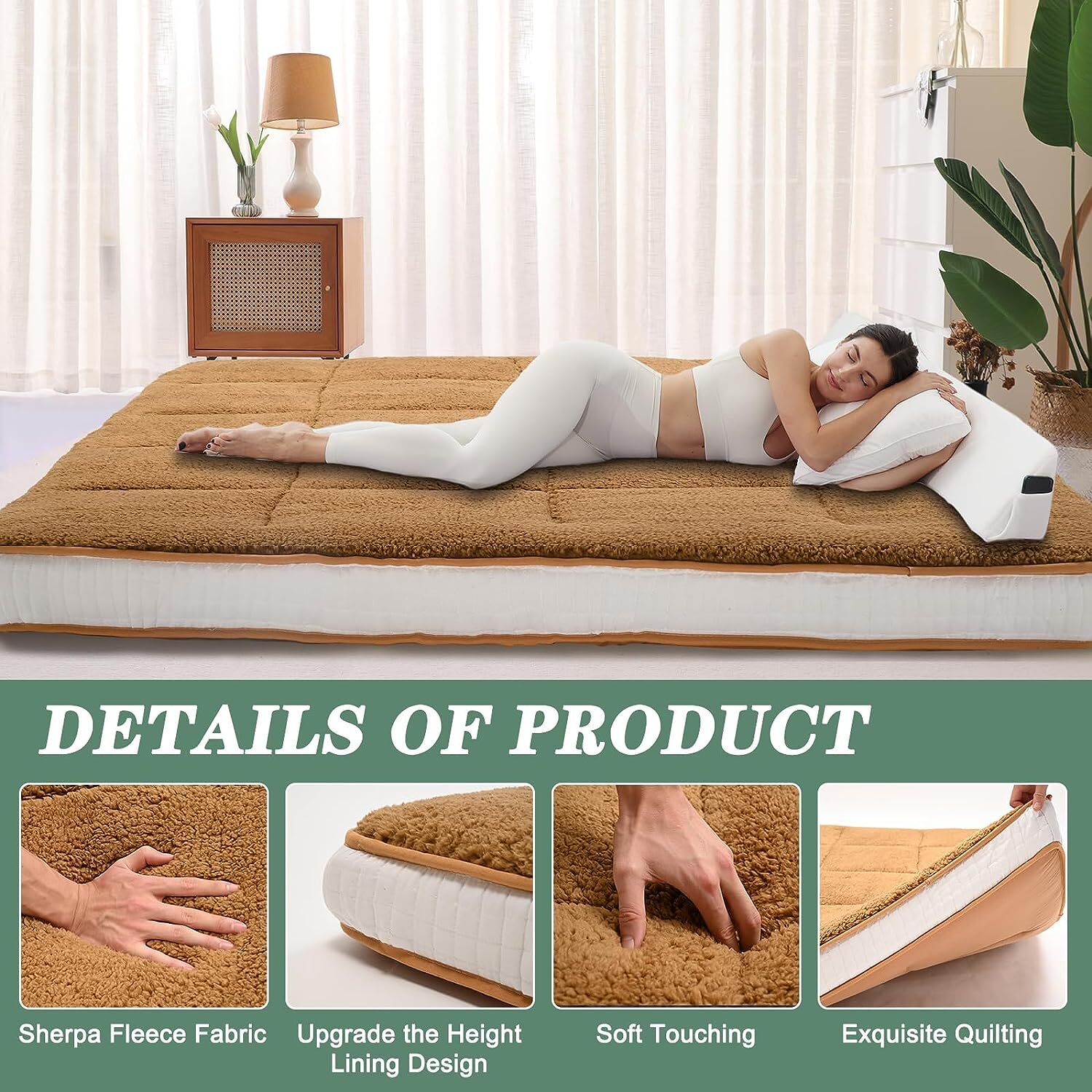 SUNYRISY Japanese Mattress Topper Quilted Fitted Mattress Sherpa Fleece Cushion