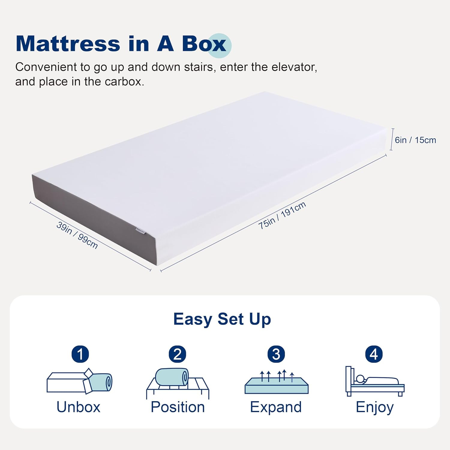 Memory Foam Mattress, Soft Plush Feel, Breathable, 6 Inch, Twin, White/Grey