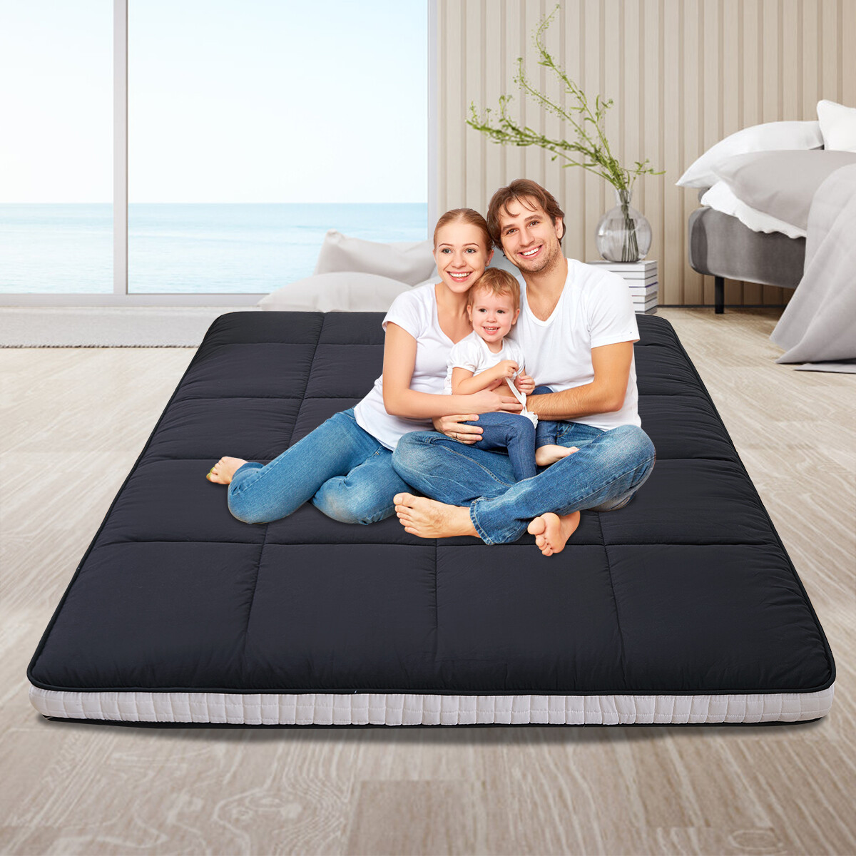 80″ Length Japanese Floor Mattress Extra Thick Futon Mat Black Gray for Adults