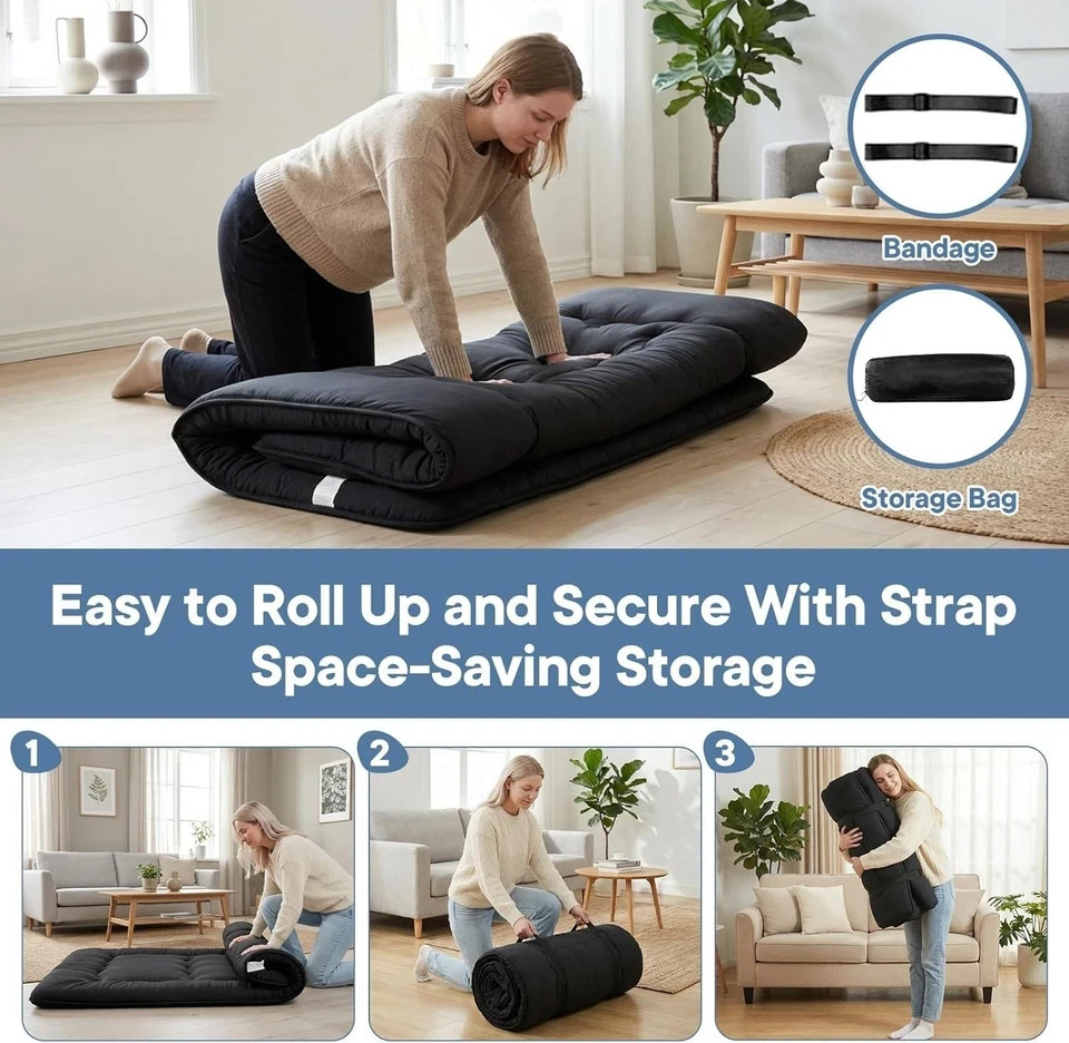 4″ Roll Up Floor Mattress Japanese Foldable Futon Mat Tatami w/ Removable Cover