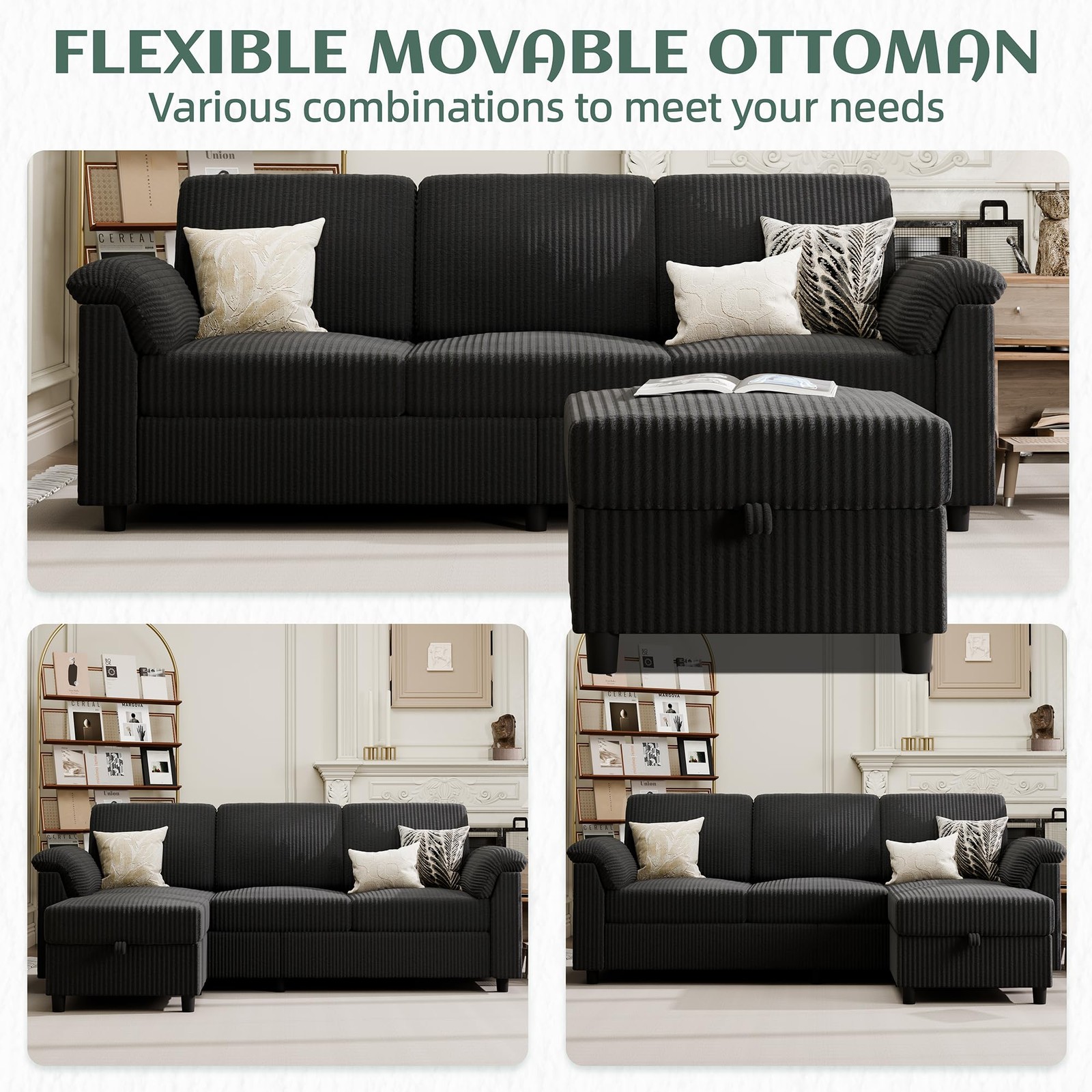 Vongrasig 79″ Convertible Sectional Couch Sofa with Storage Ottoman, 3 Black