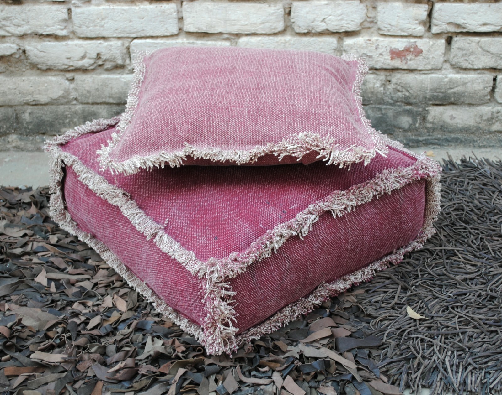 COTTON RUG RED SQUARE MATTRESS WITH FRINGES 50X50X15 CM COZY SITTING SINGLE SEAT
