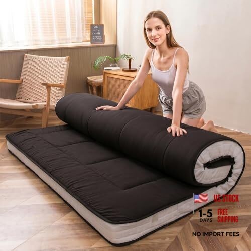 Futon Mattress, Padded Japanese Floor Mattress Quilted Bed Queen Square Black