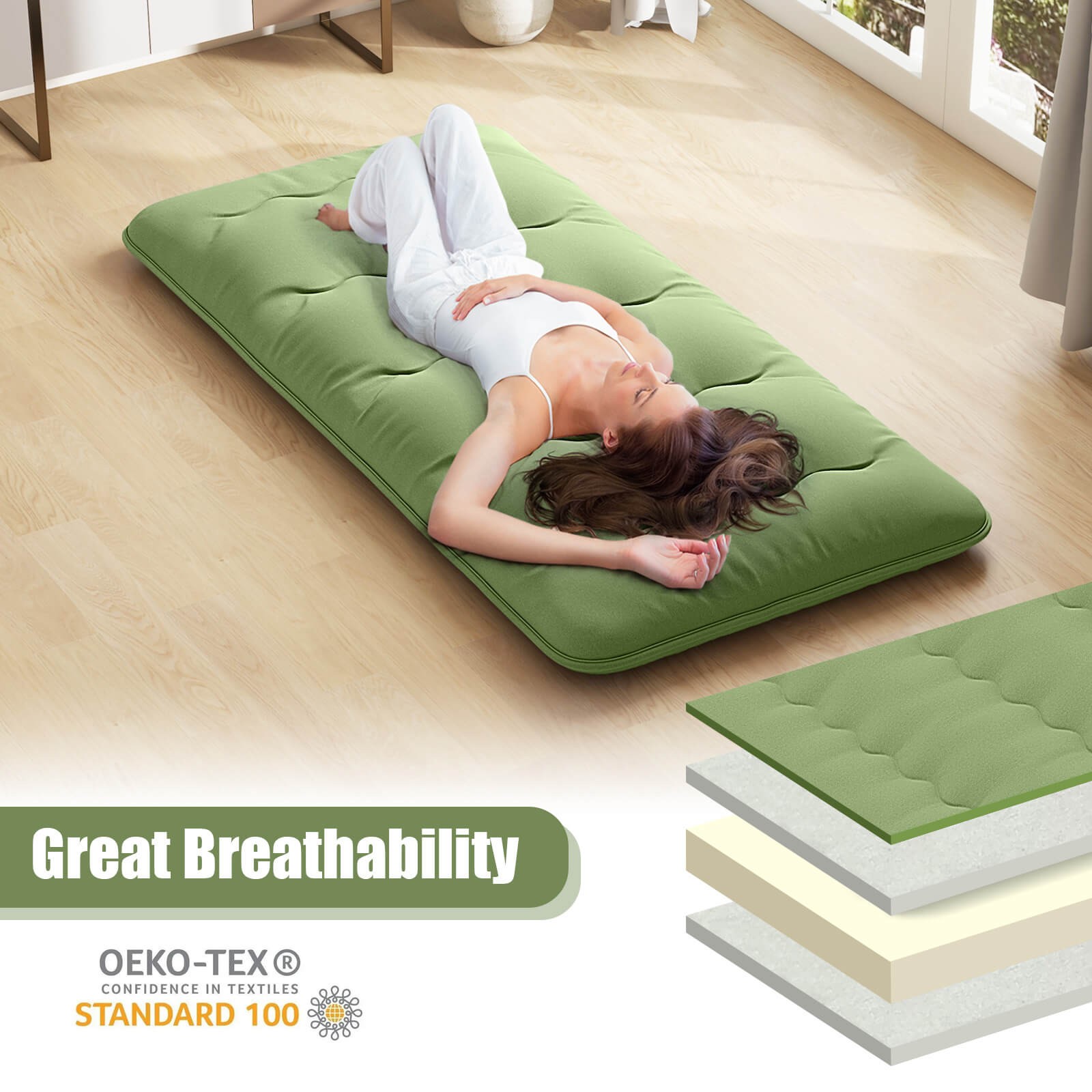 Twin Futon Mattress Japanese Floor Sleeping Pad Washable Cover Carry Bag Green