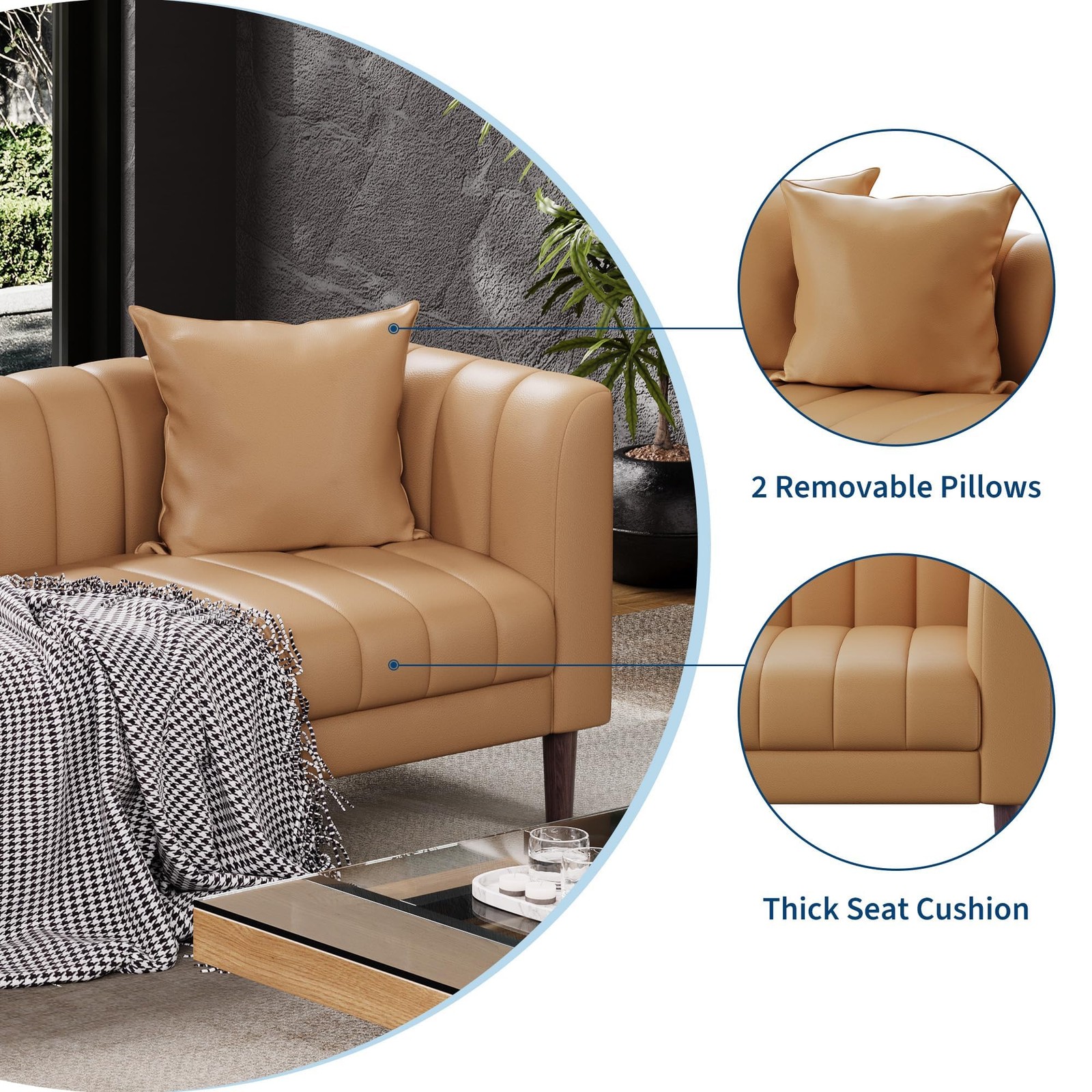 83″ W Faux Leather Sofa Couch for Living Room, Modern 3 Brown -1